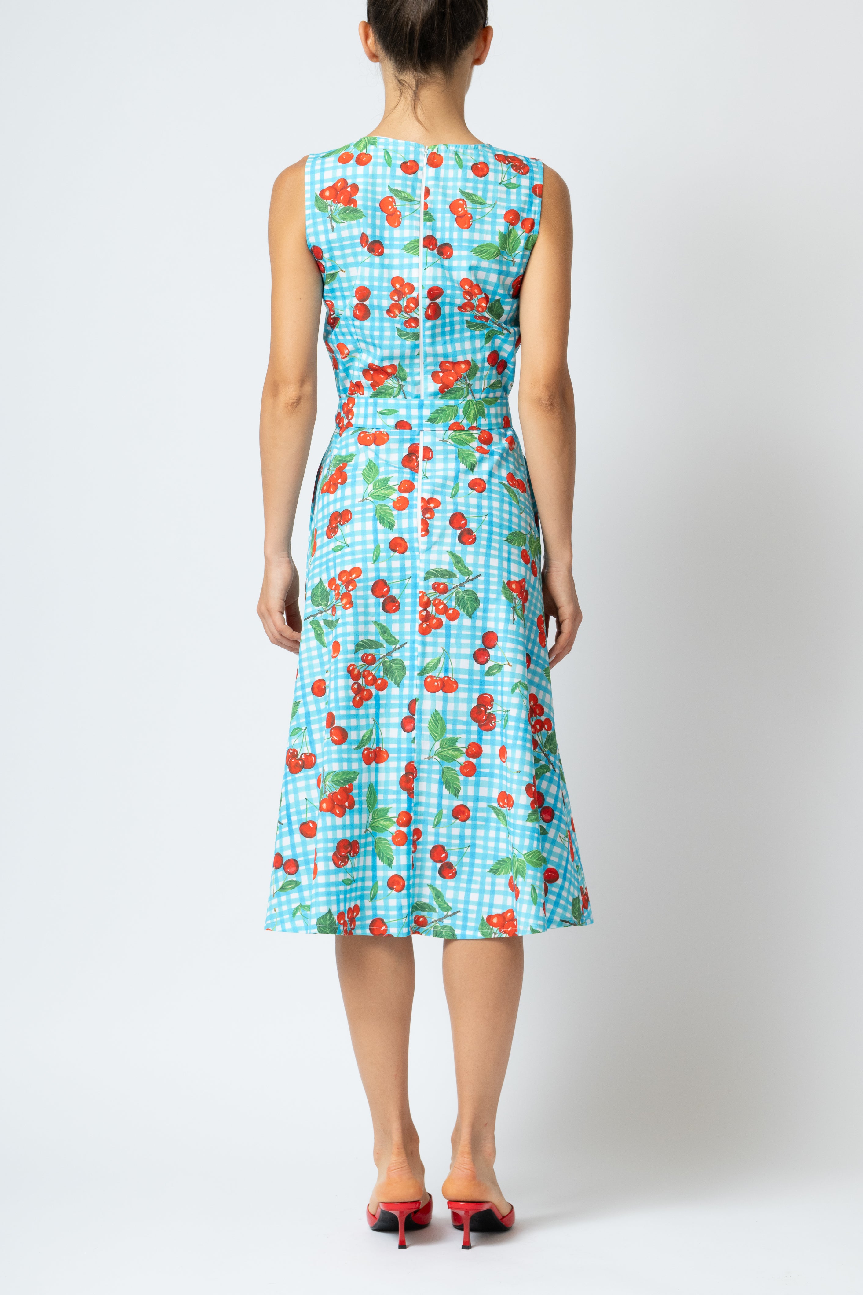 Cherry Print Sleeveless Midi Dress in Poplin, Turquoise