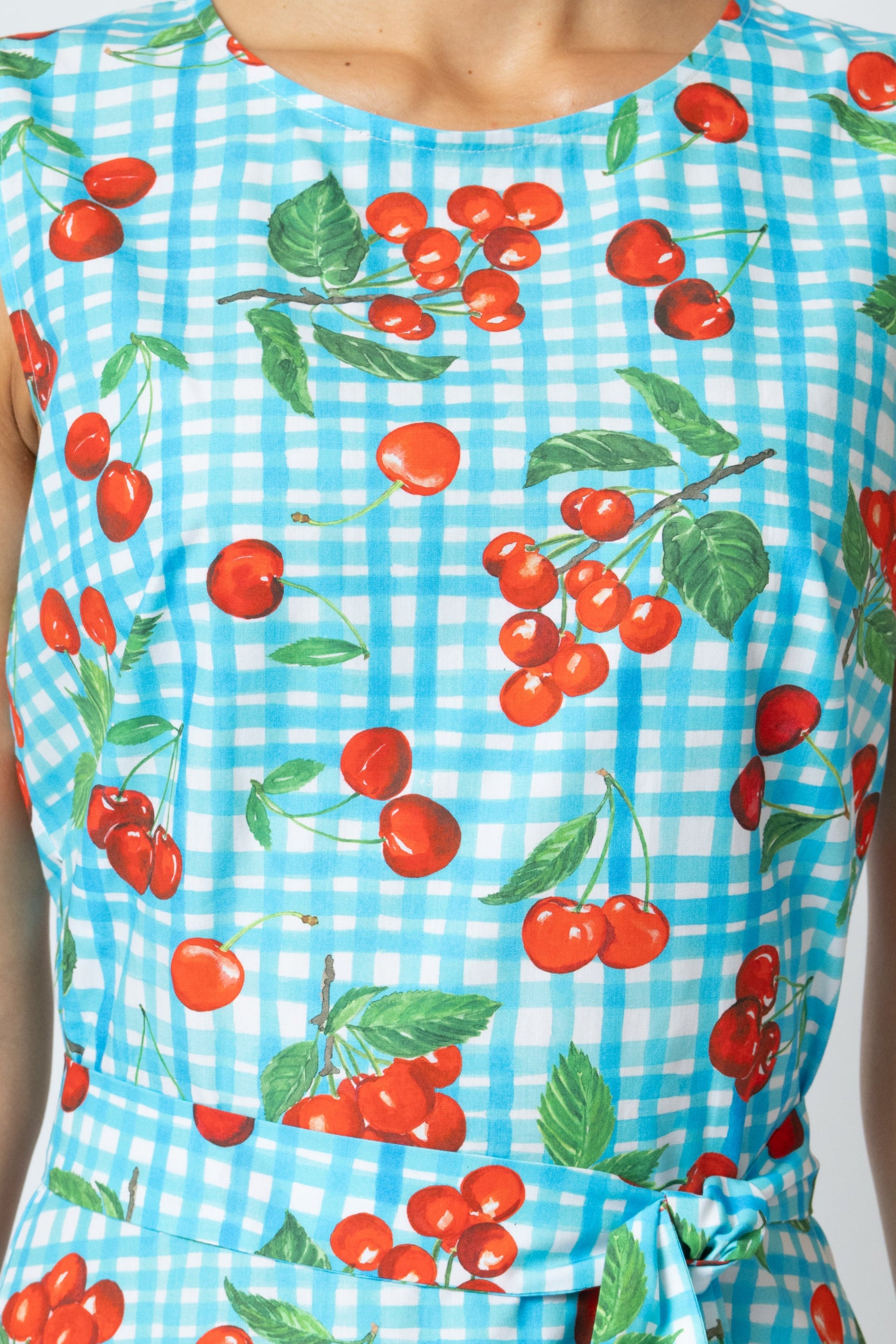 Cherry Print Sleeveless Midi Dress in Poplin, Turquoise