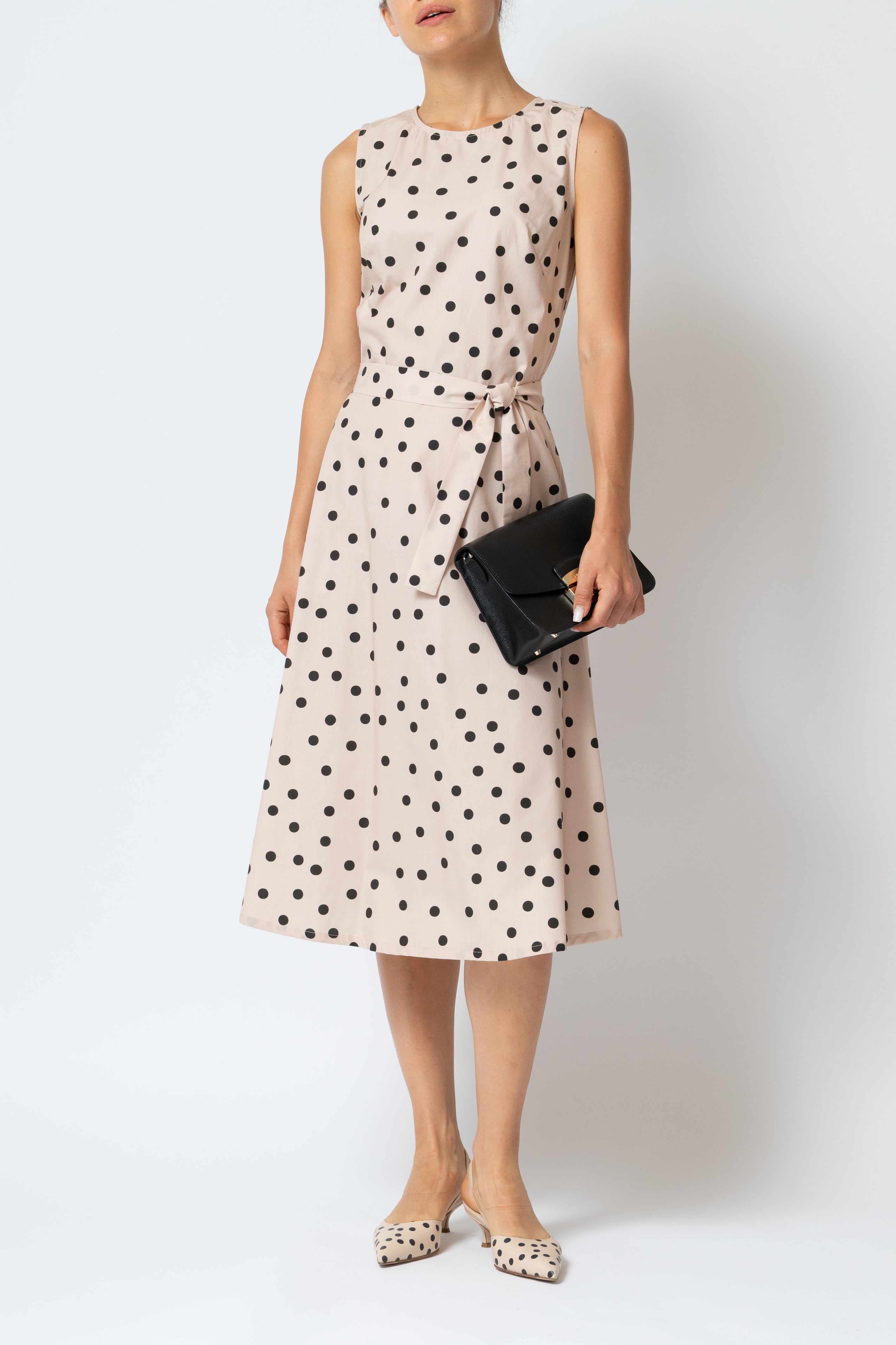 Sleeveless Midi Dress with Poplin Print, Beige