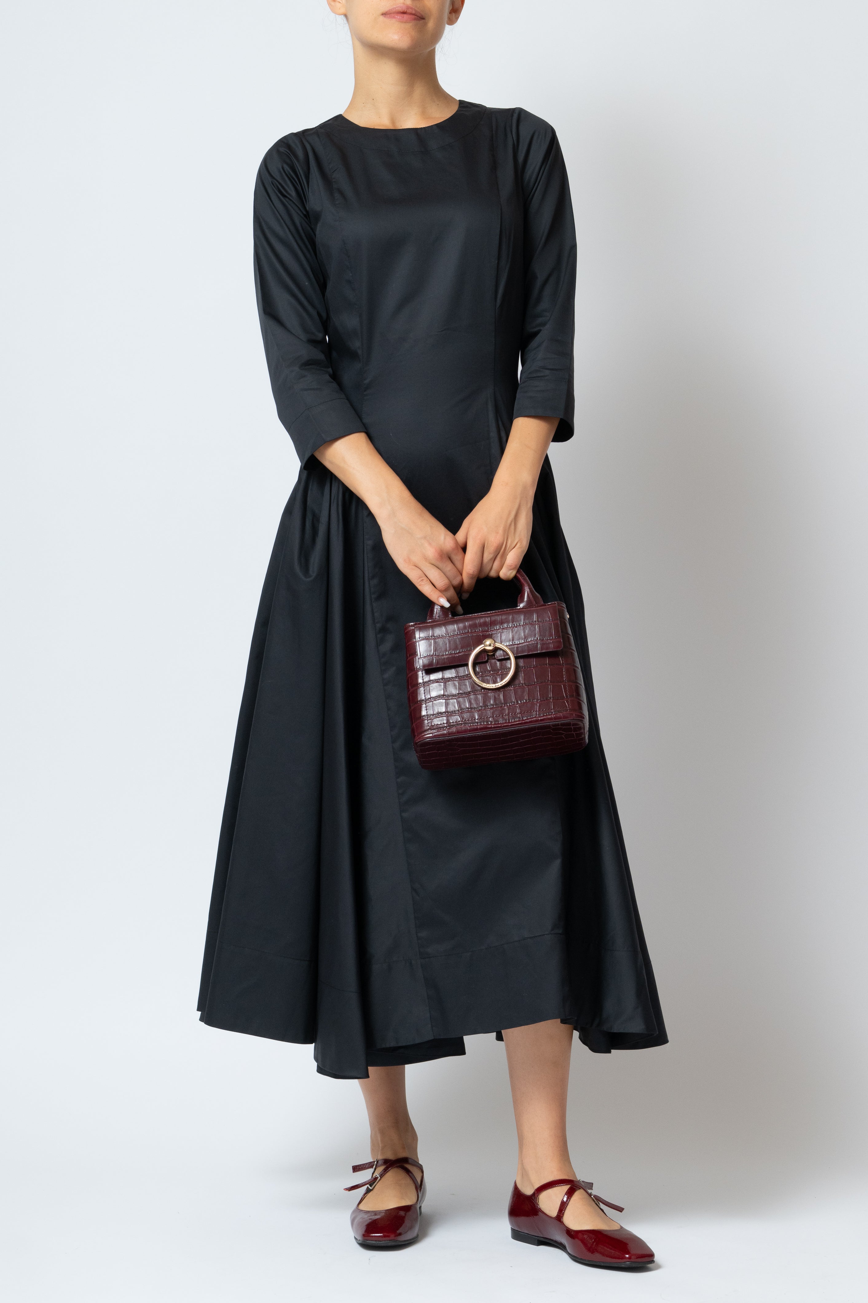 Rochie Midi Clos cu Maneca 3/4 din Poplin, Neagra