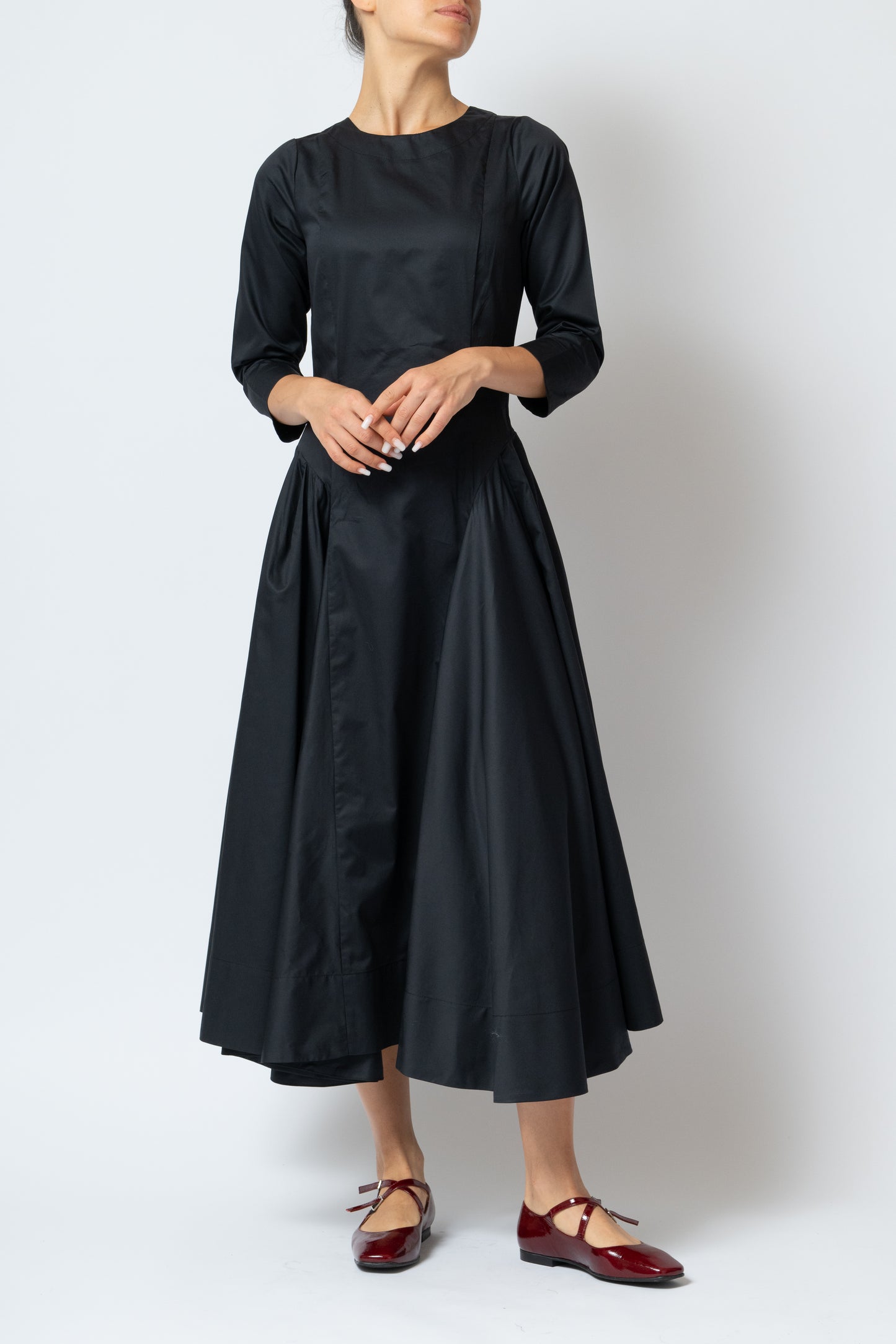 Rochie Midi Clos cu Maneca 3/4 din Poplin, Neagra