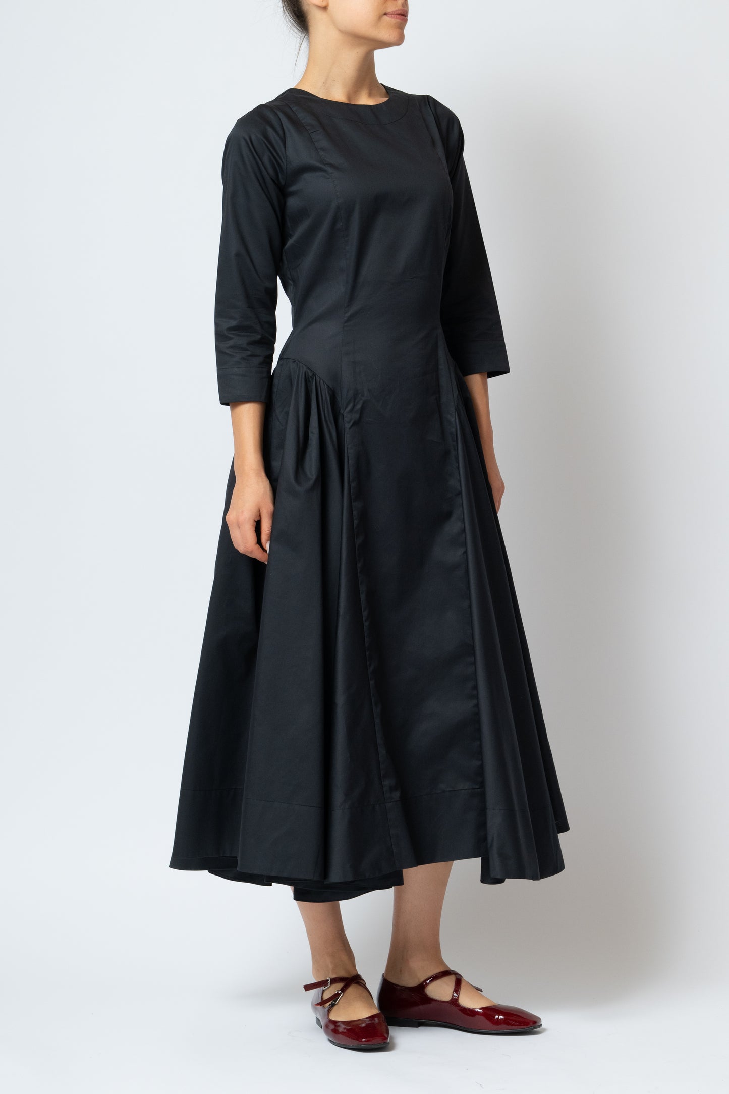 Rochie Midi Clos cu Maneca 3/4 din Poplin, Neagra