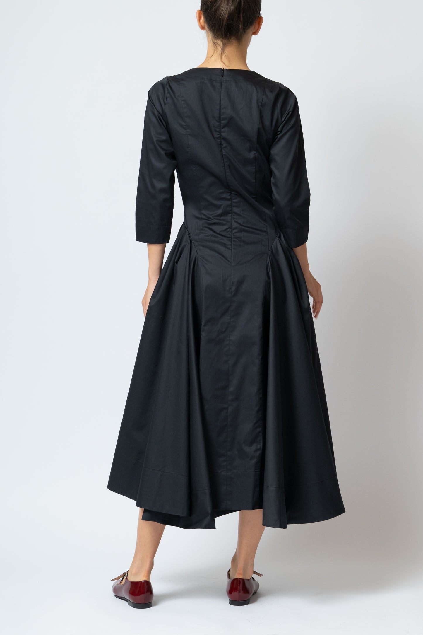 Rochie Midi Clos cu Maneca 3/4 din Poplin, Neagra