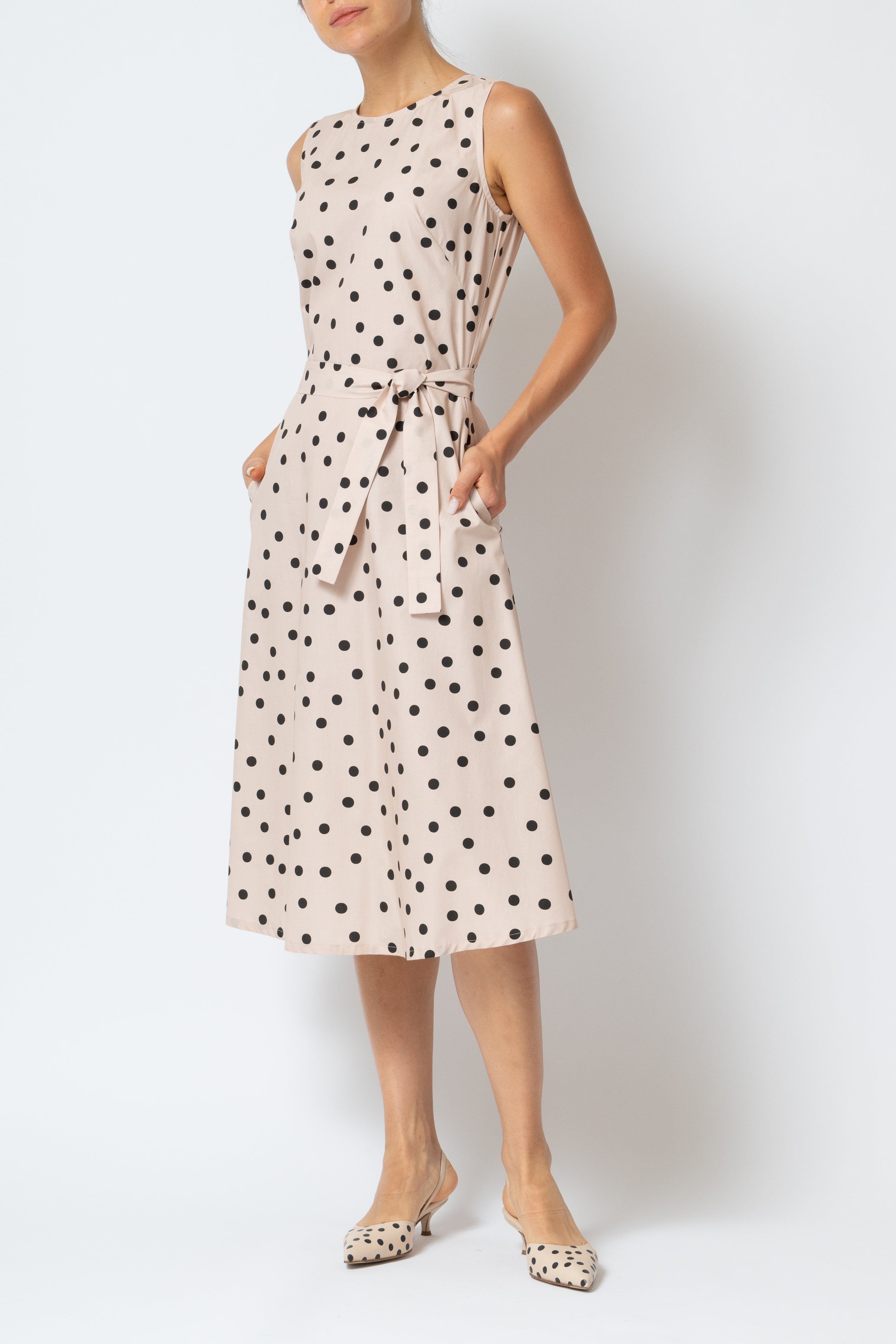 Sleeveless Midi Dress with Poplin Print, Beige
