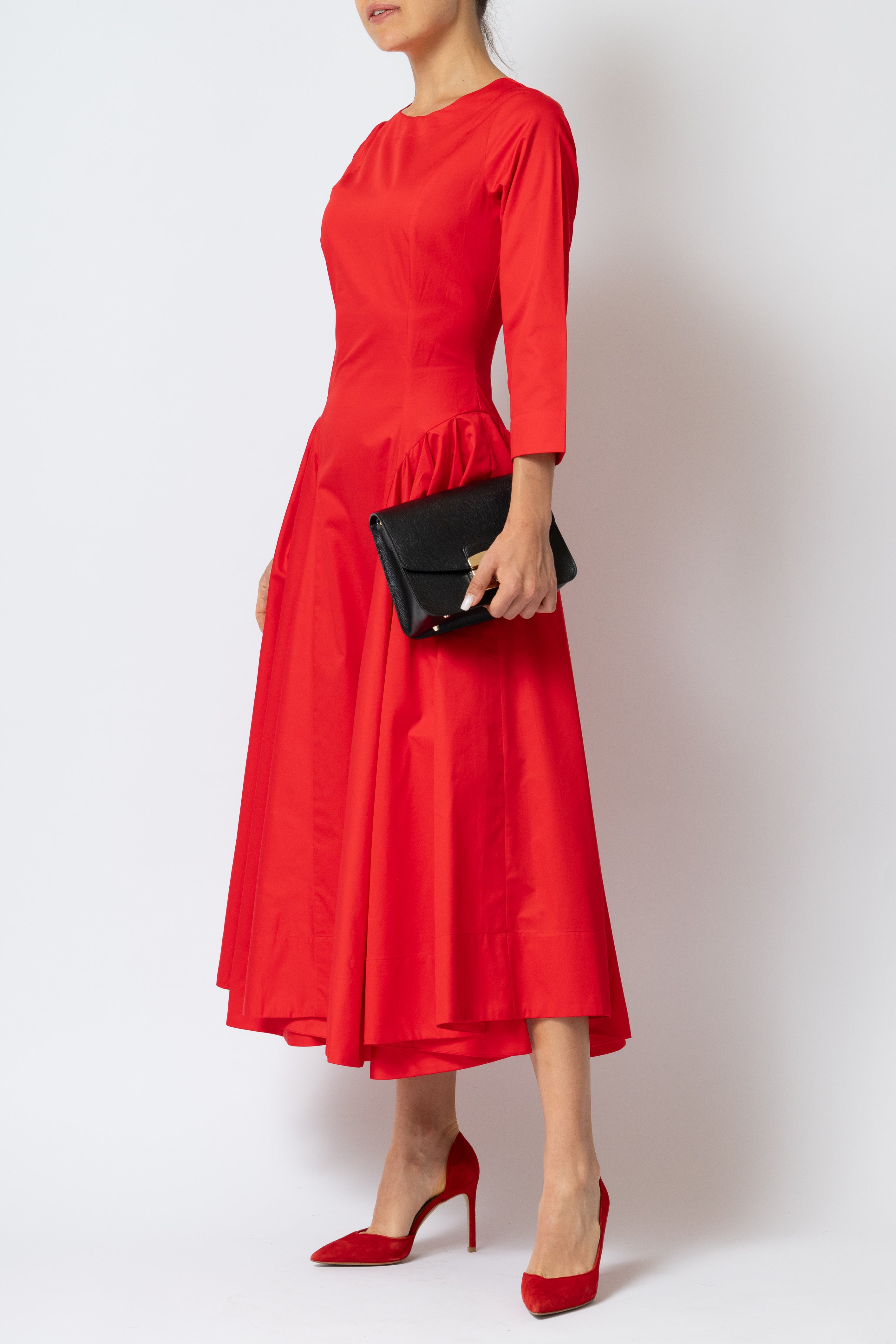 Rochie Midi Clos cu Maneca 3/4 din Poplin, Rosie