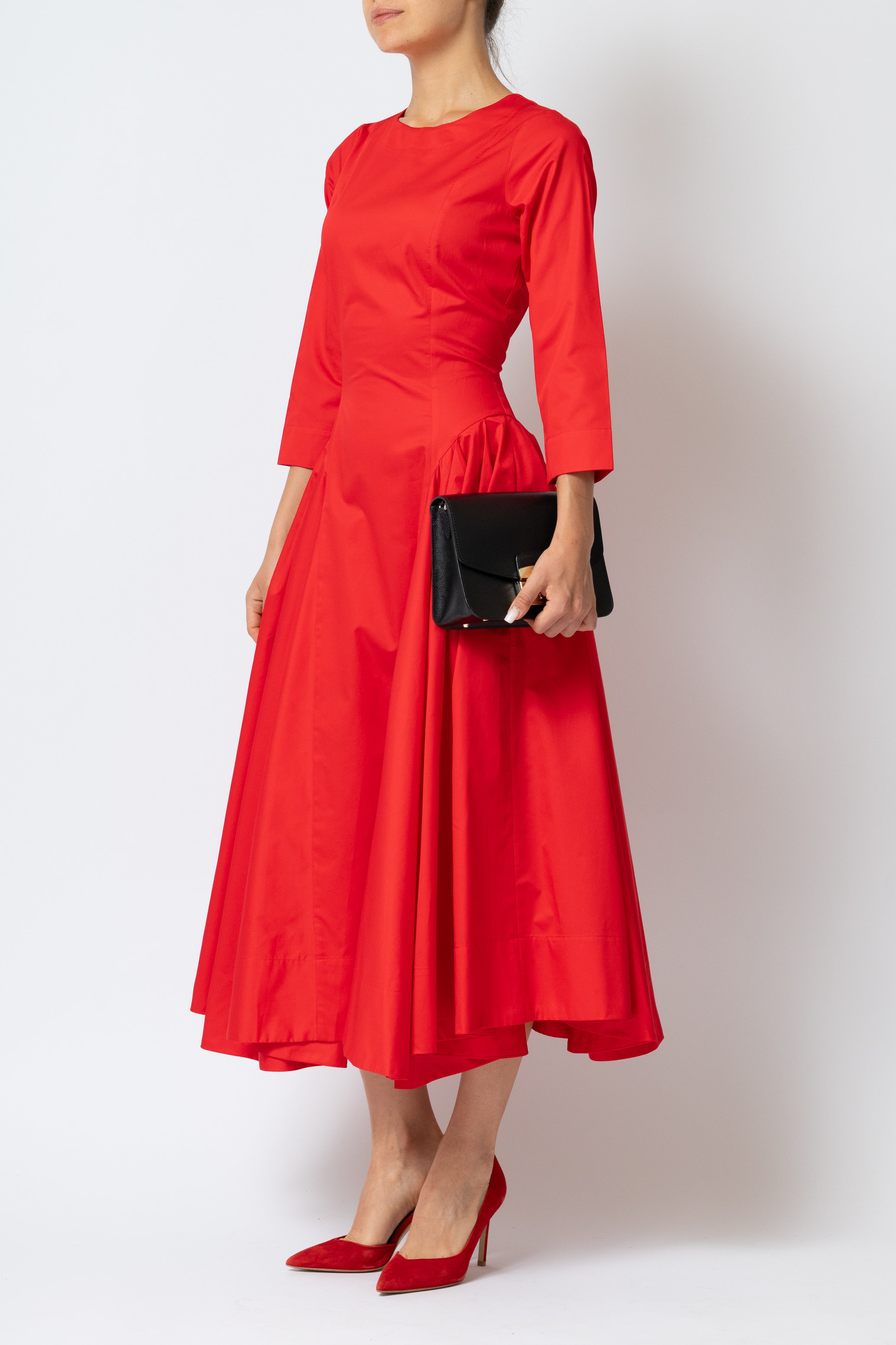 Rochie Midi Clos cu Maneca 3/4 din Poplin, Rosie