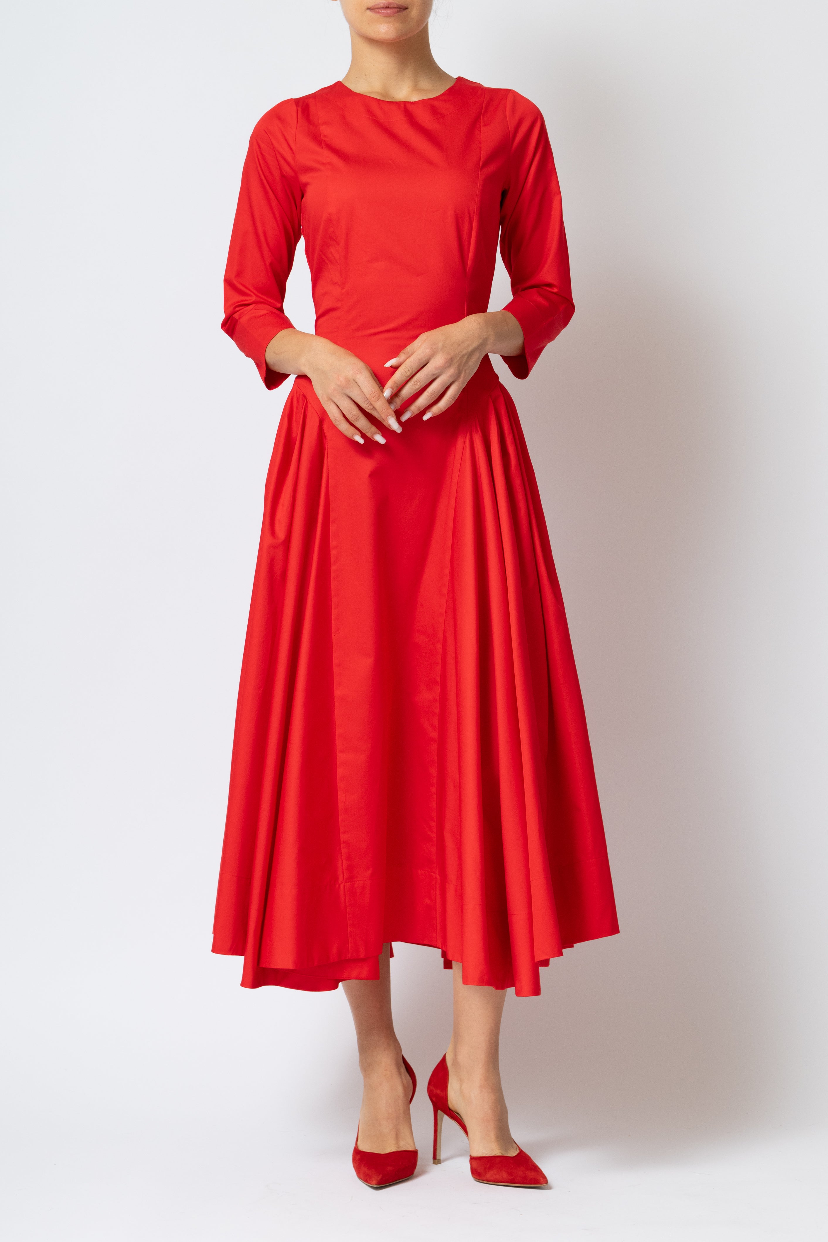 Rochie Midi Clos cu Maneca 3/4 din Poplin, Rosie