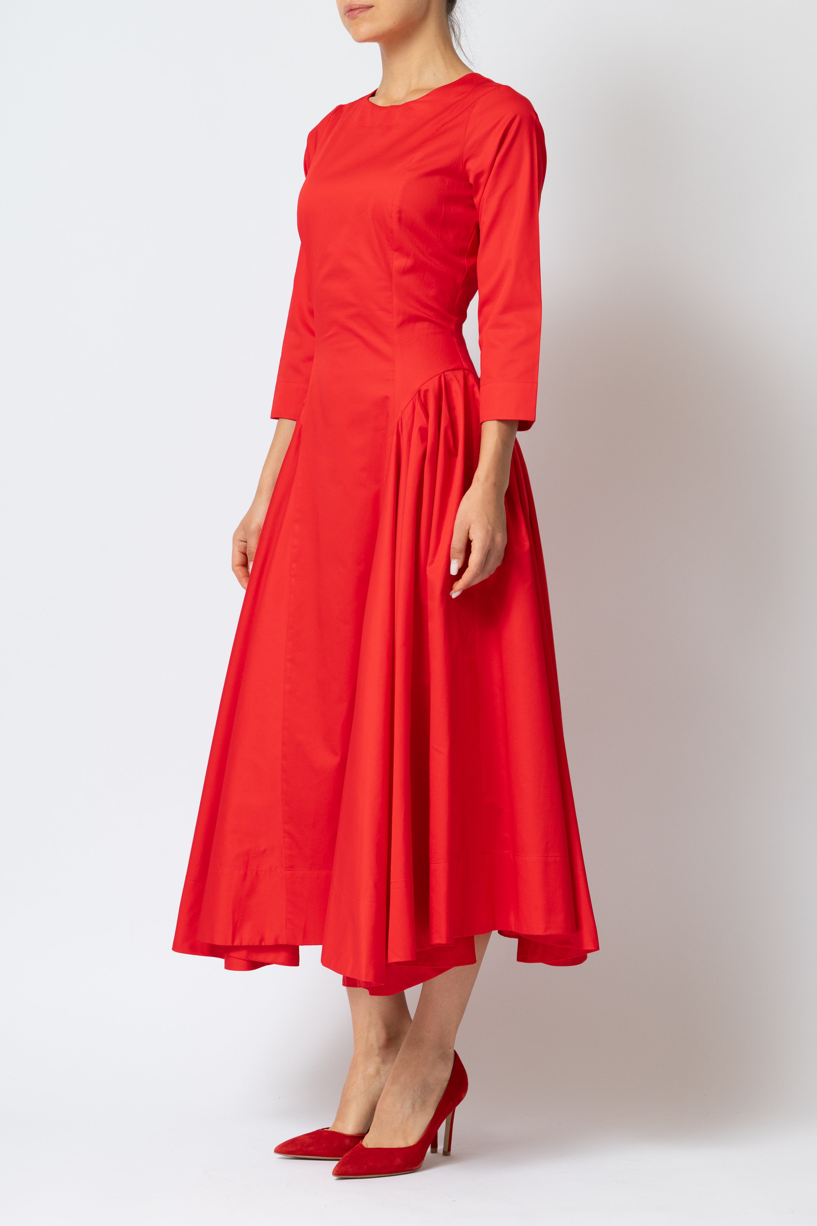 Rochie Midi Clos cu Maneca 3/4 din Poplin, Rosie