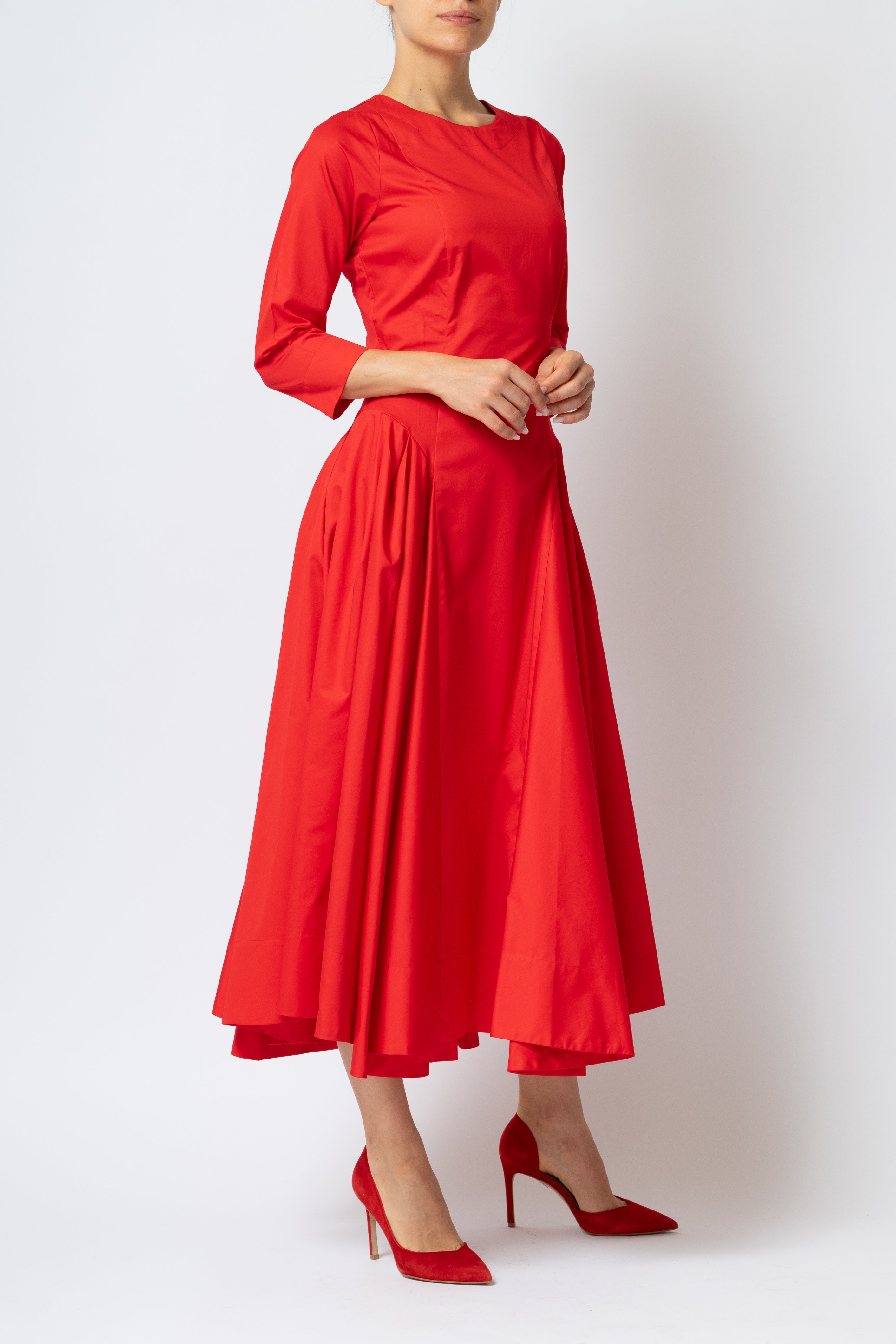 Rochie Midi Clos cu Maneca 3/4 din Poplin, Rosie