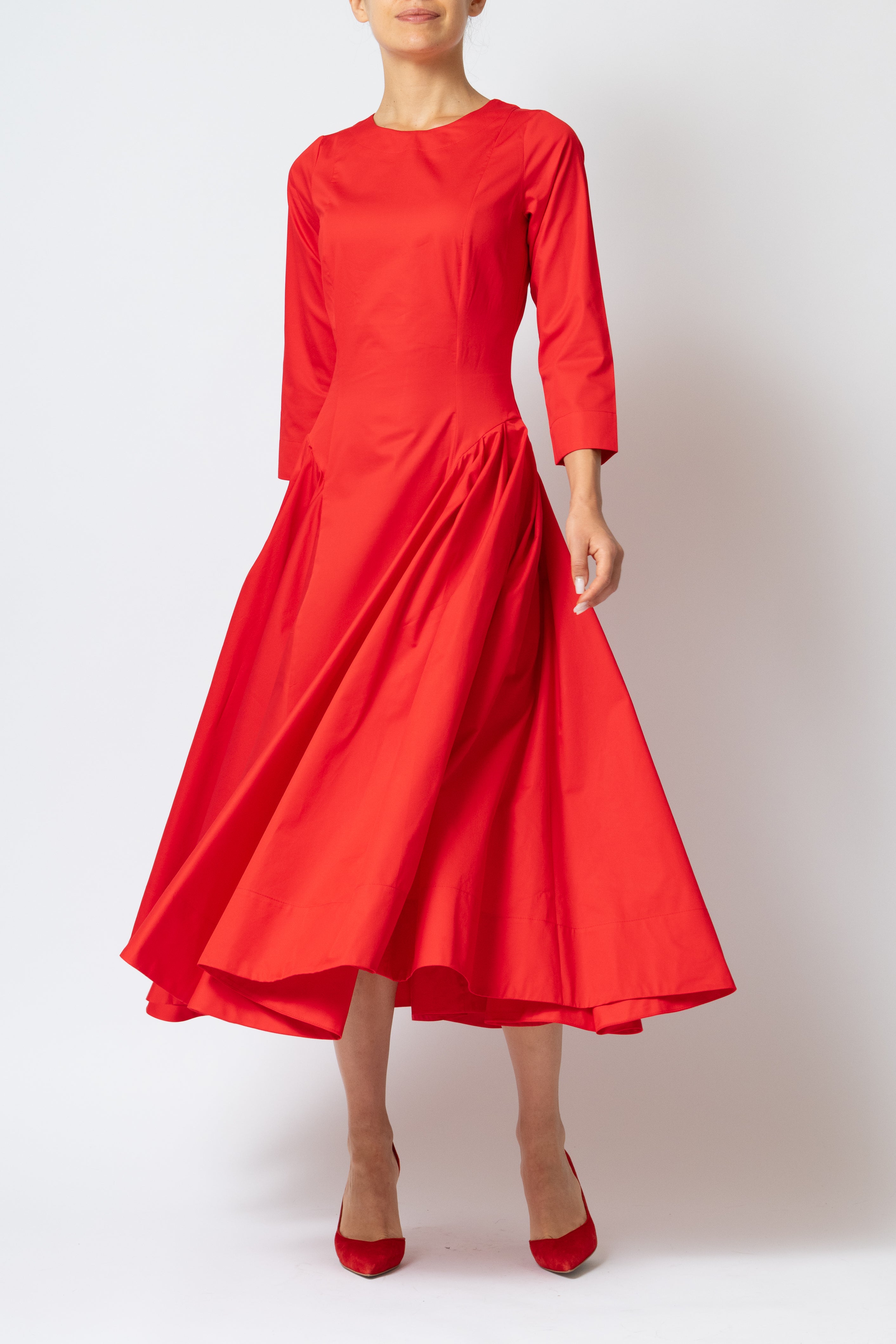 Rochie Midi Clos cu Maneca 3/4 din Poplin, Rosie