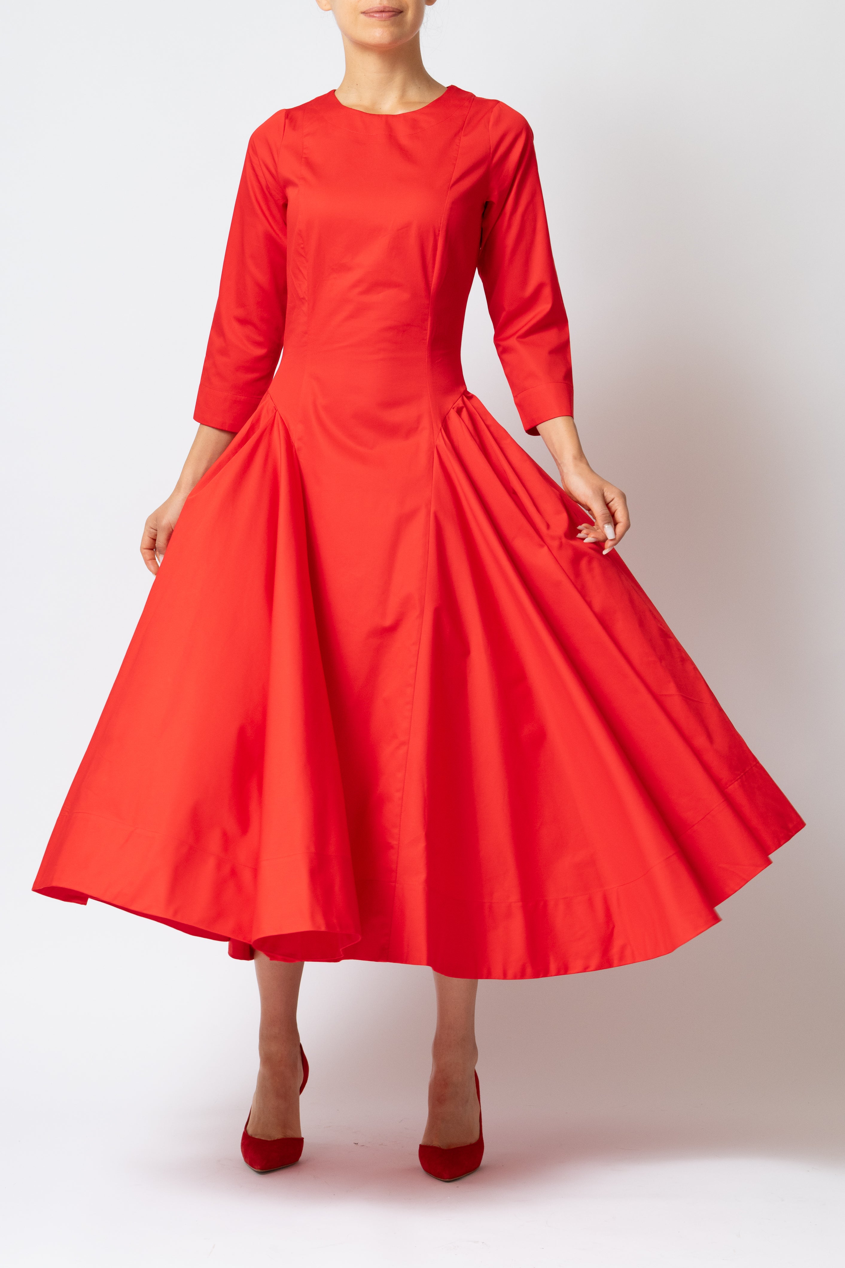 Rochie Midi Clos cu Maneca 3/4 din Poplin, Rosie