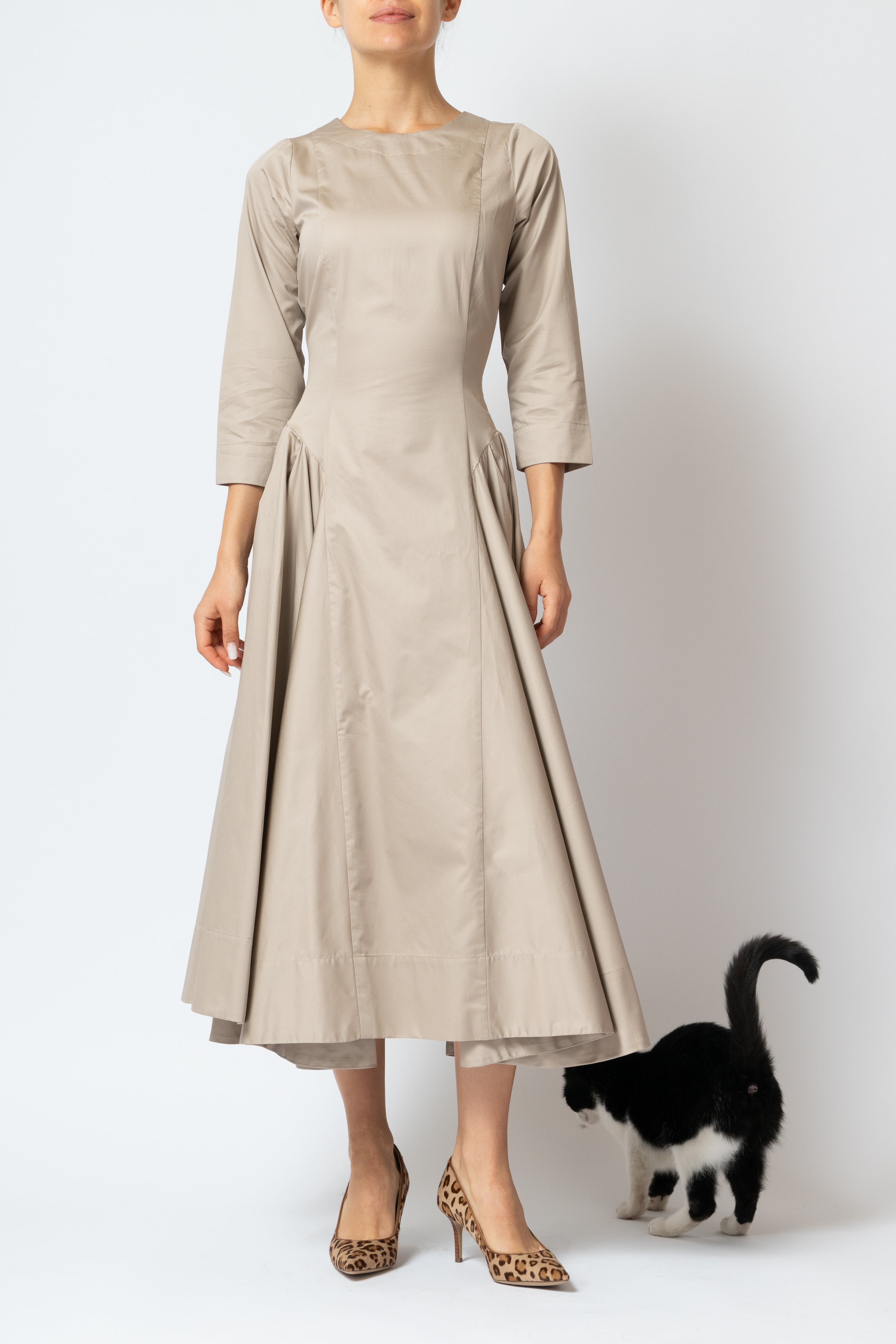 Rochie Midi Clos cu Maneca 3/4 din Poplin, Bej