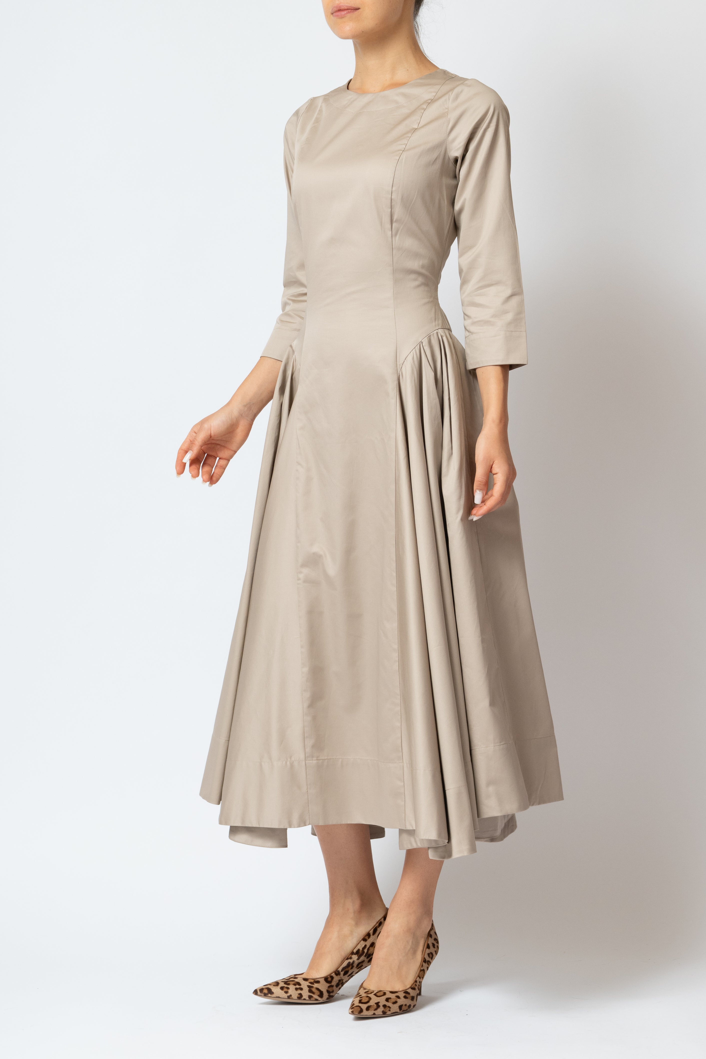 Rochie Midi Clos cu Maneca 3/4 din Poplin, Bej