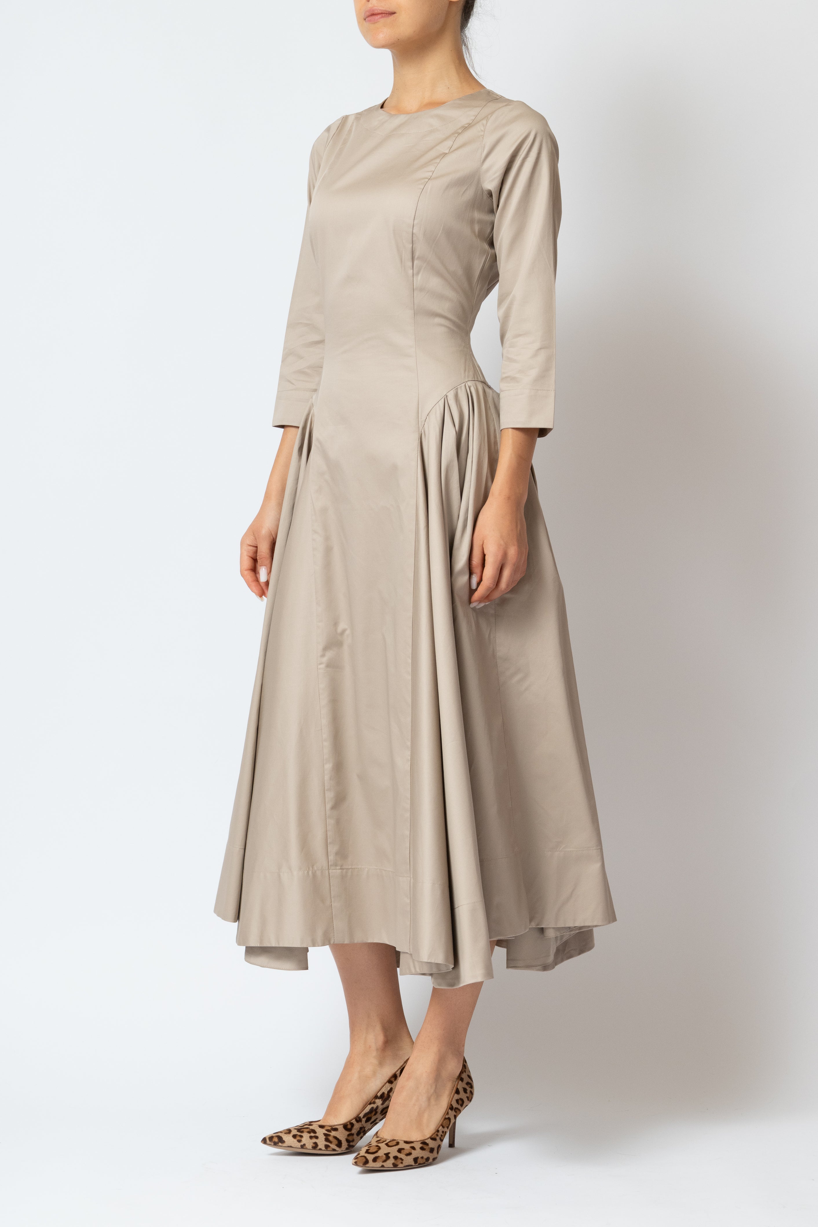 Rochie Midi Clos cu Maneca 3/4 din Poplin, Bej