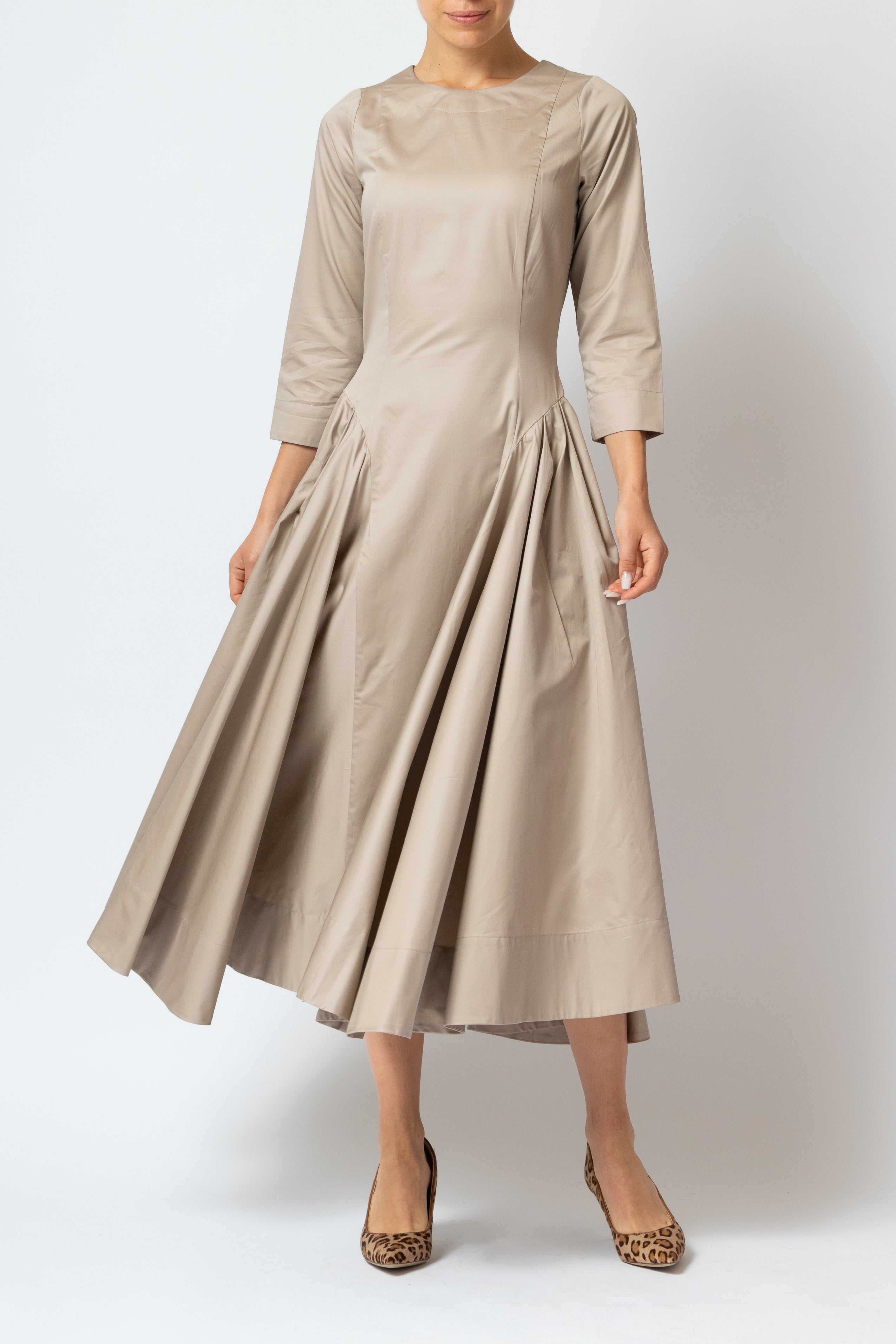 Rochie Midi Clos cu Maneca 3/4 din Poplin, Bej