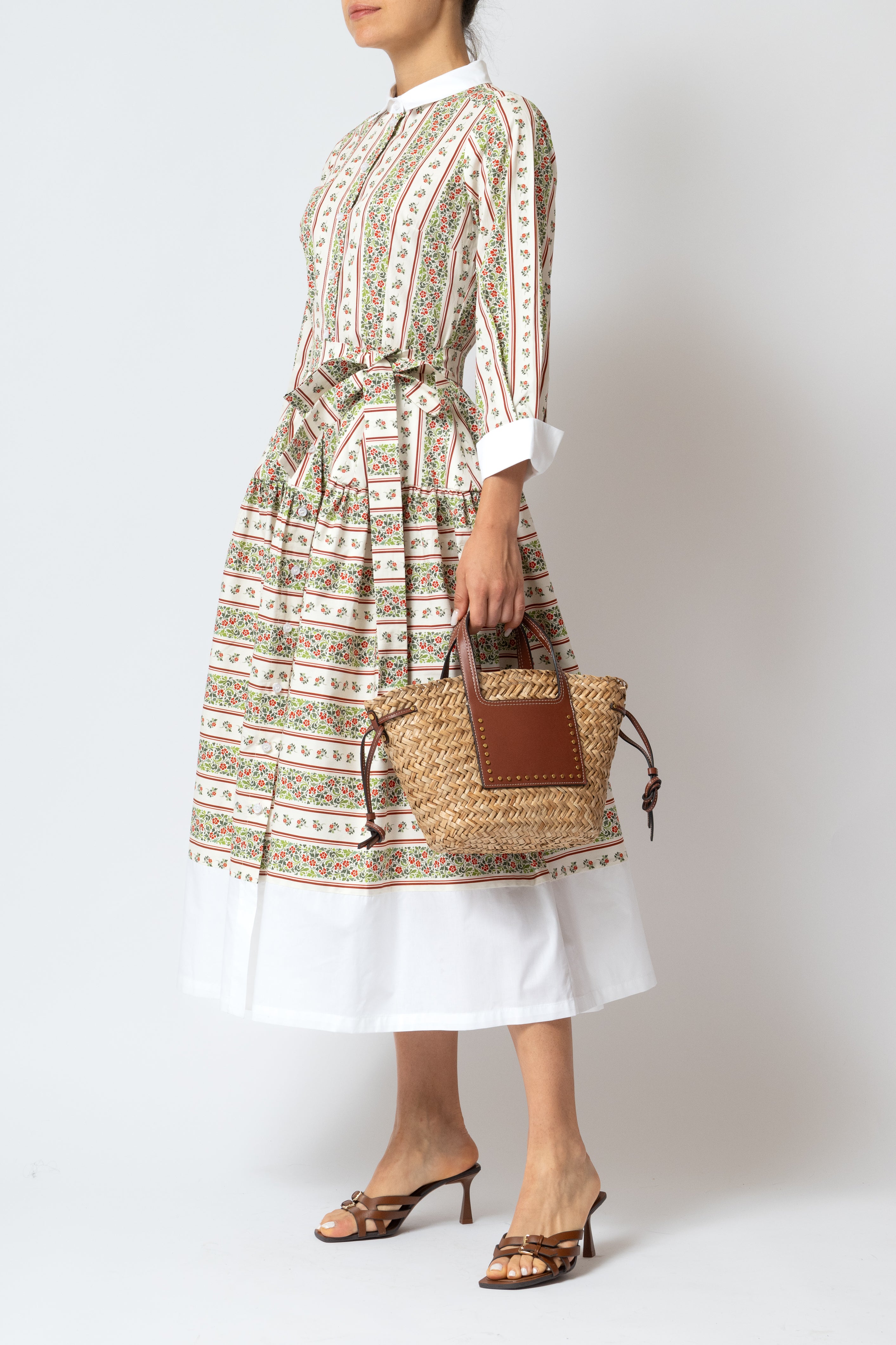 Rochie Camasa Midi cu Imprimeu Floral din Poplin, Bej