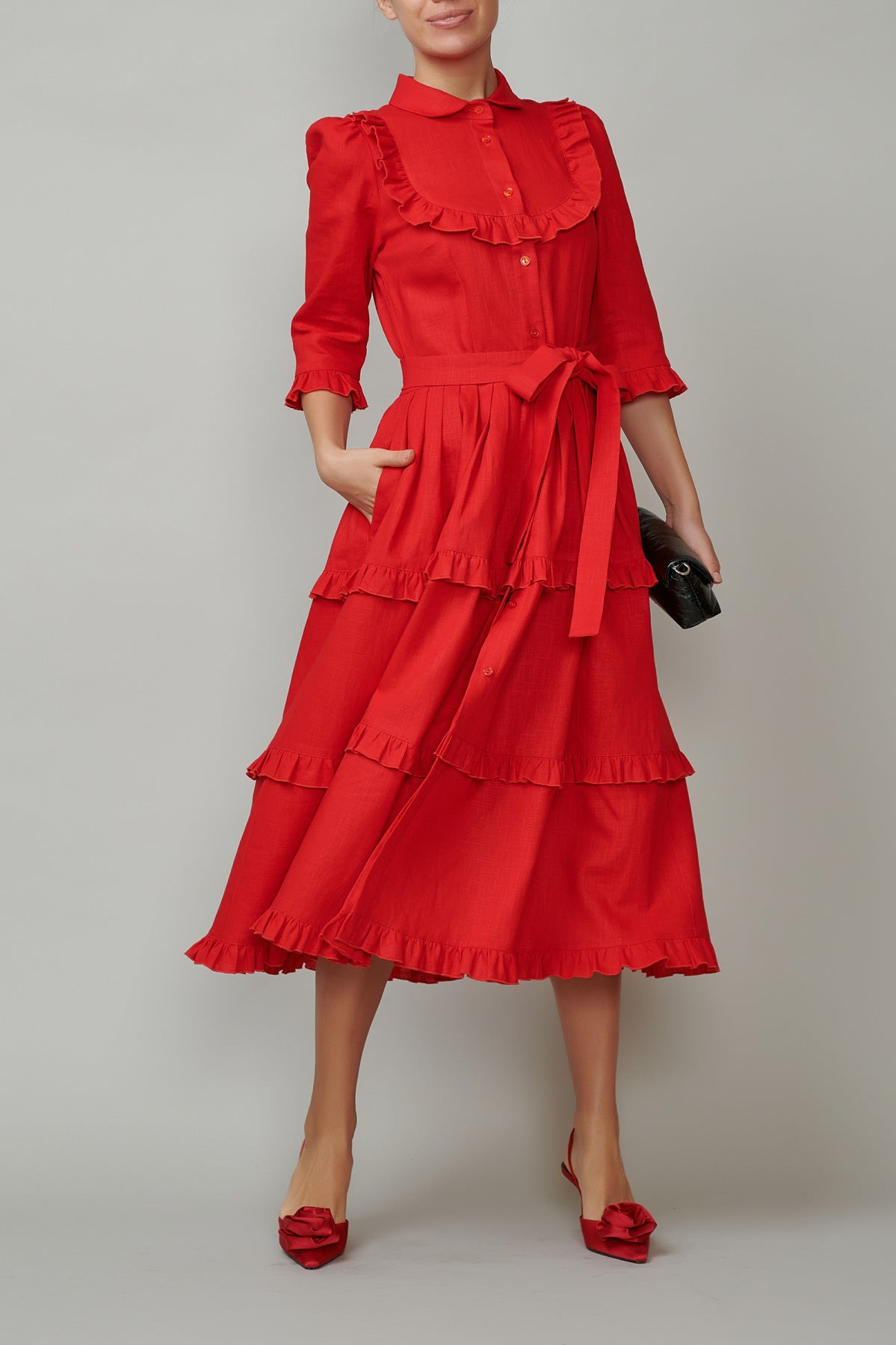 Shirt dress with round placket and frills, made of red linen