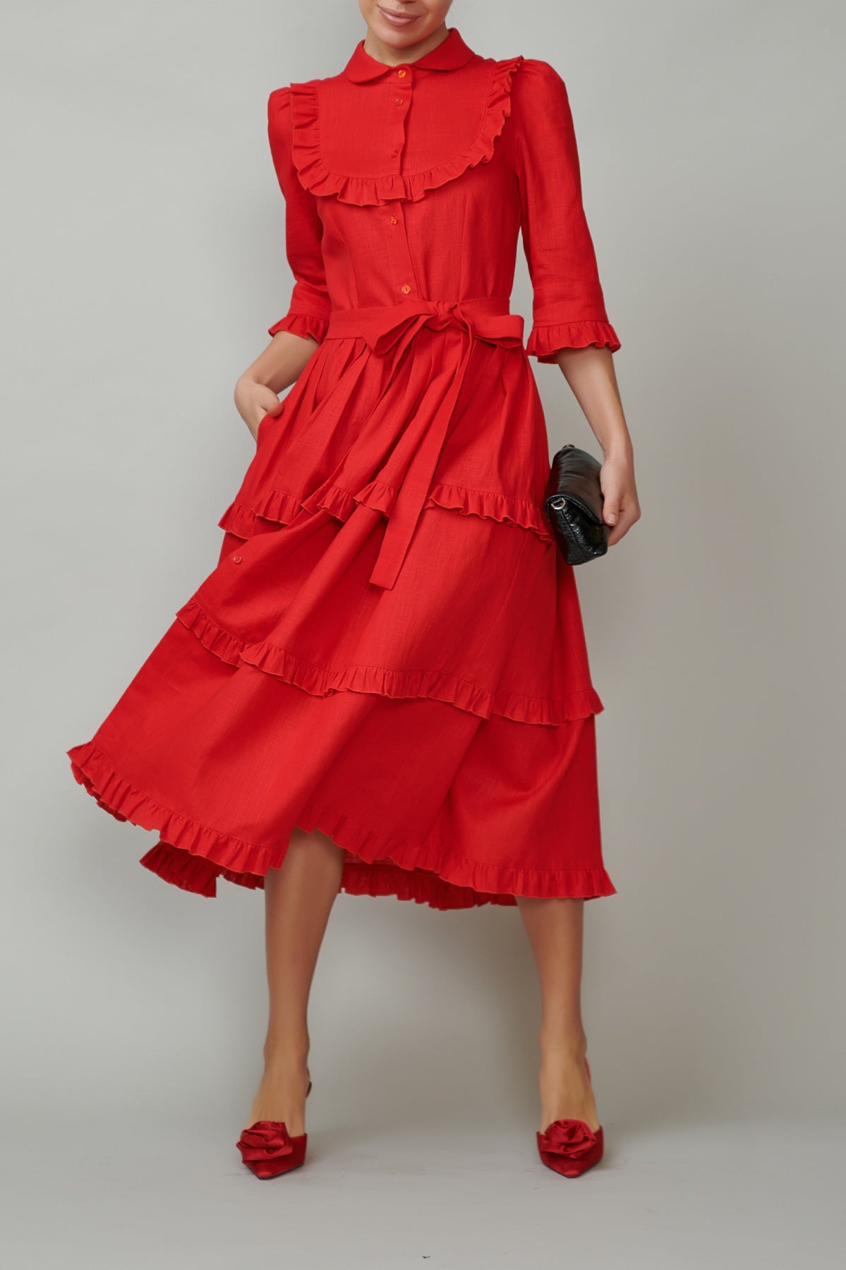 Shirt dress with round placket and frills, made of red linen
