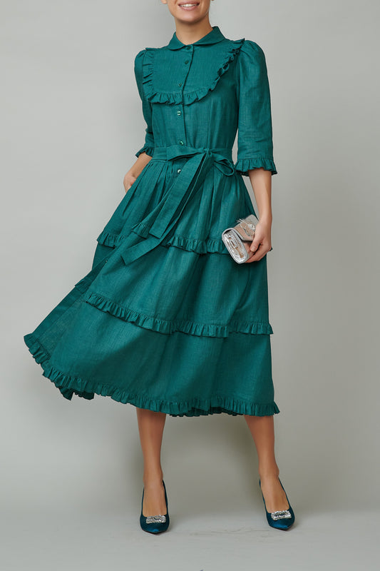 Shirt dress with round placket and frills, made of green linen