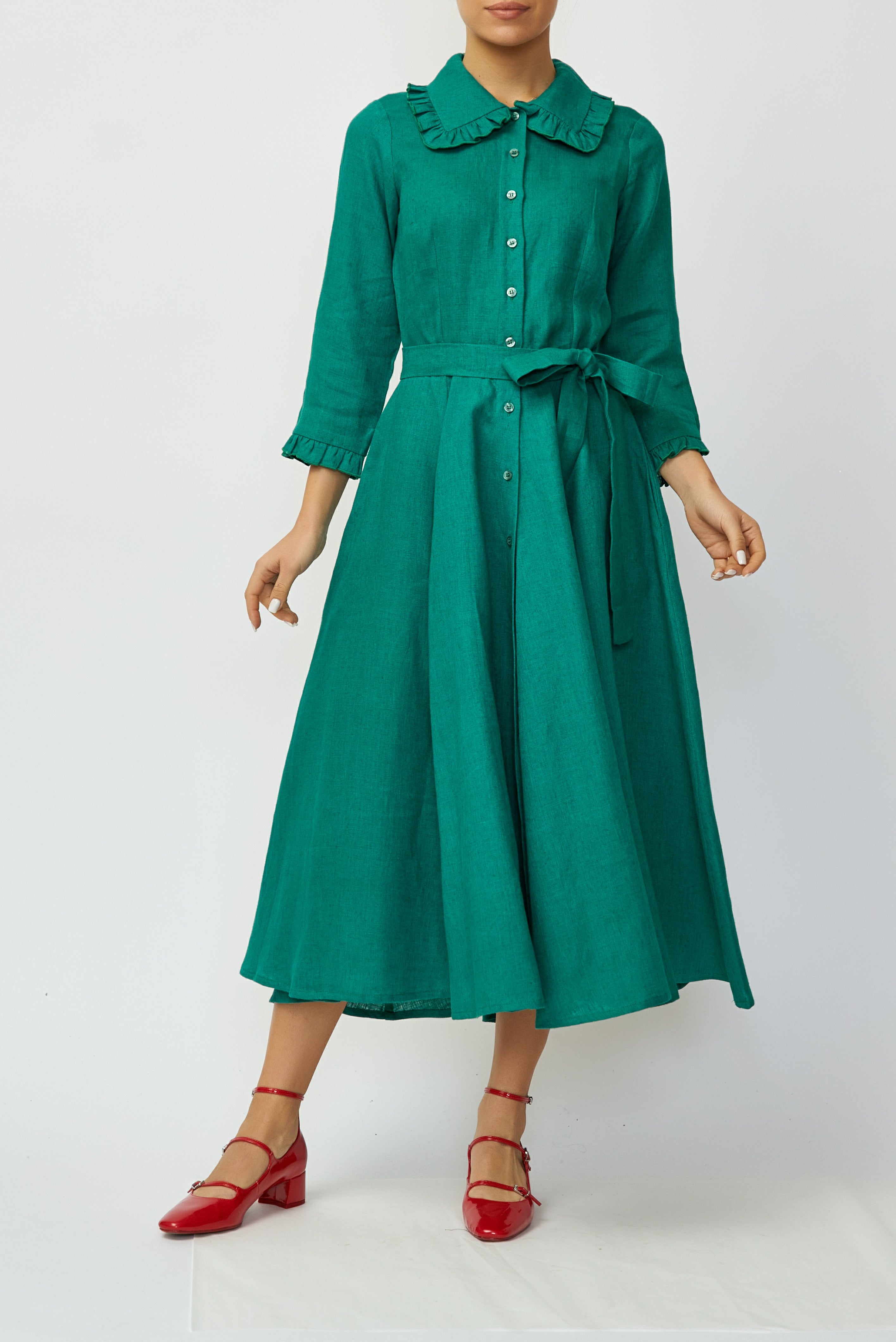 Linen Midi Shirt Dress, Green