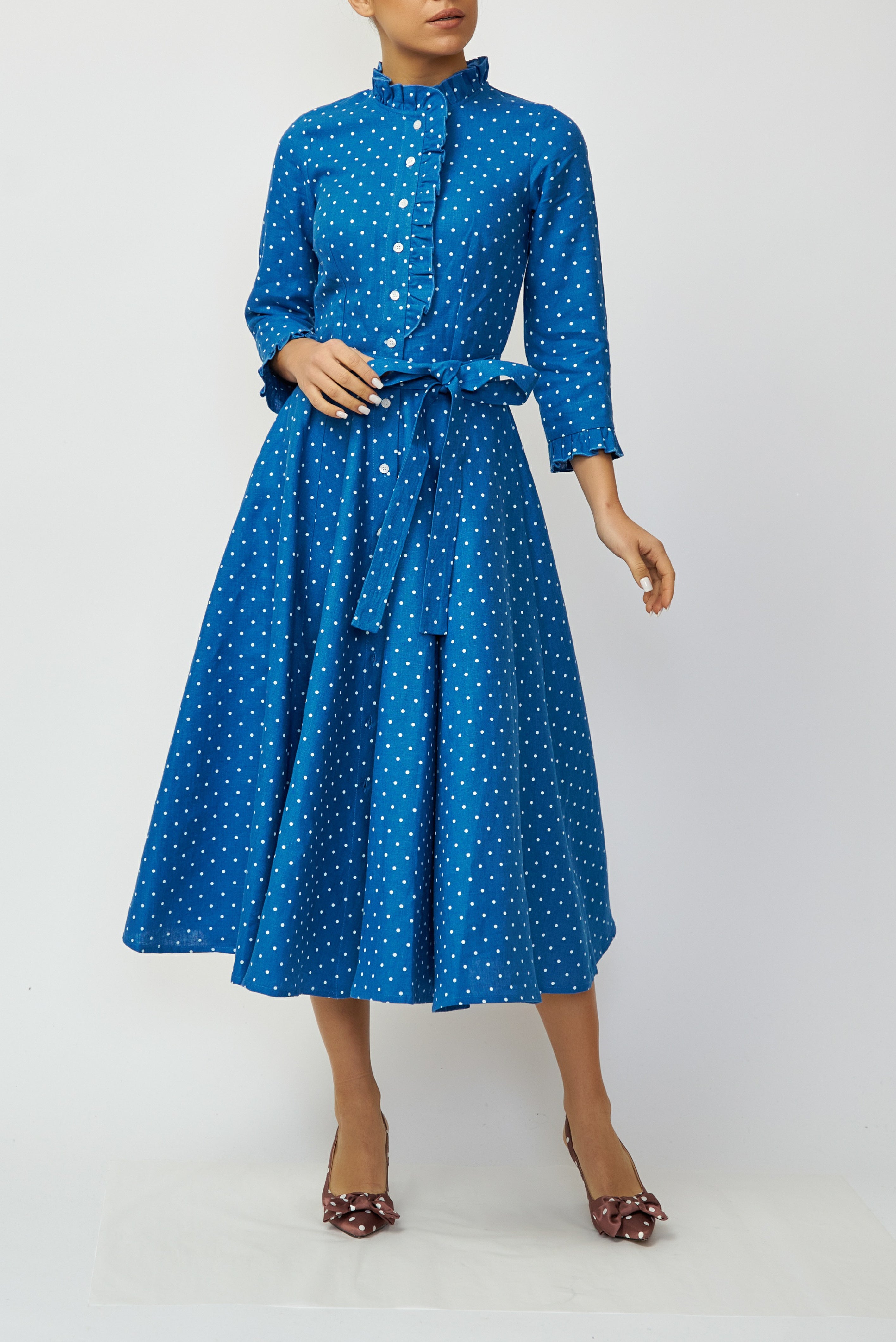 Rochie Camasa Midi din In, Albastra