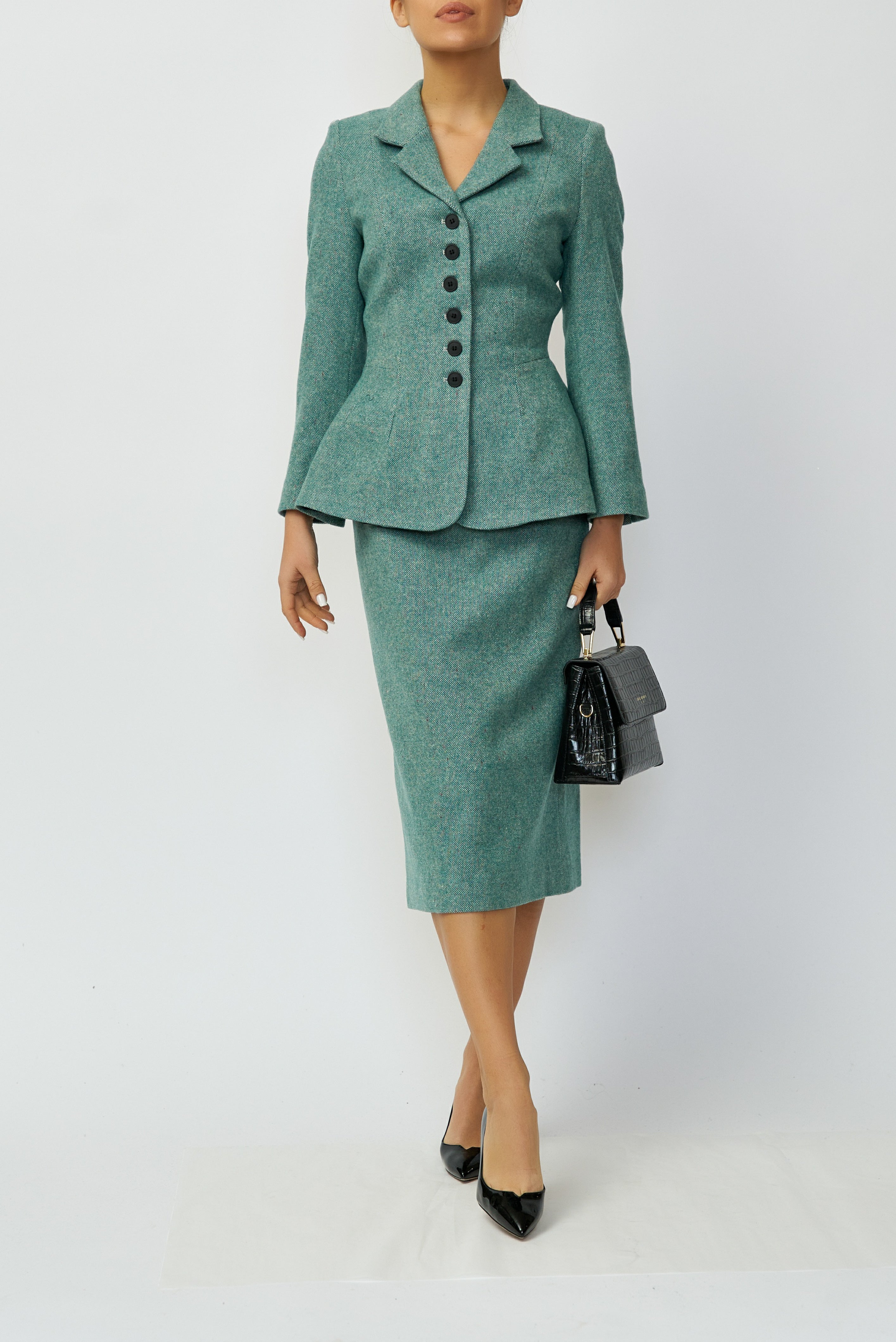 Wool Midi Pencil Skirt, Green