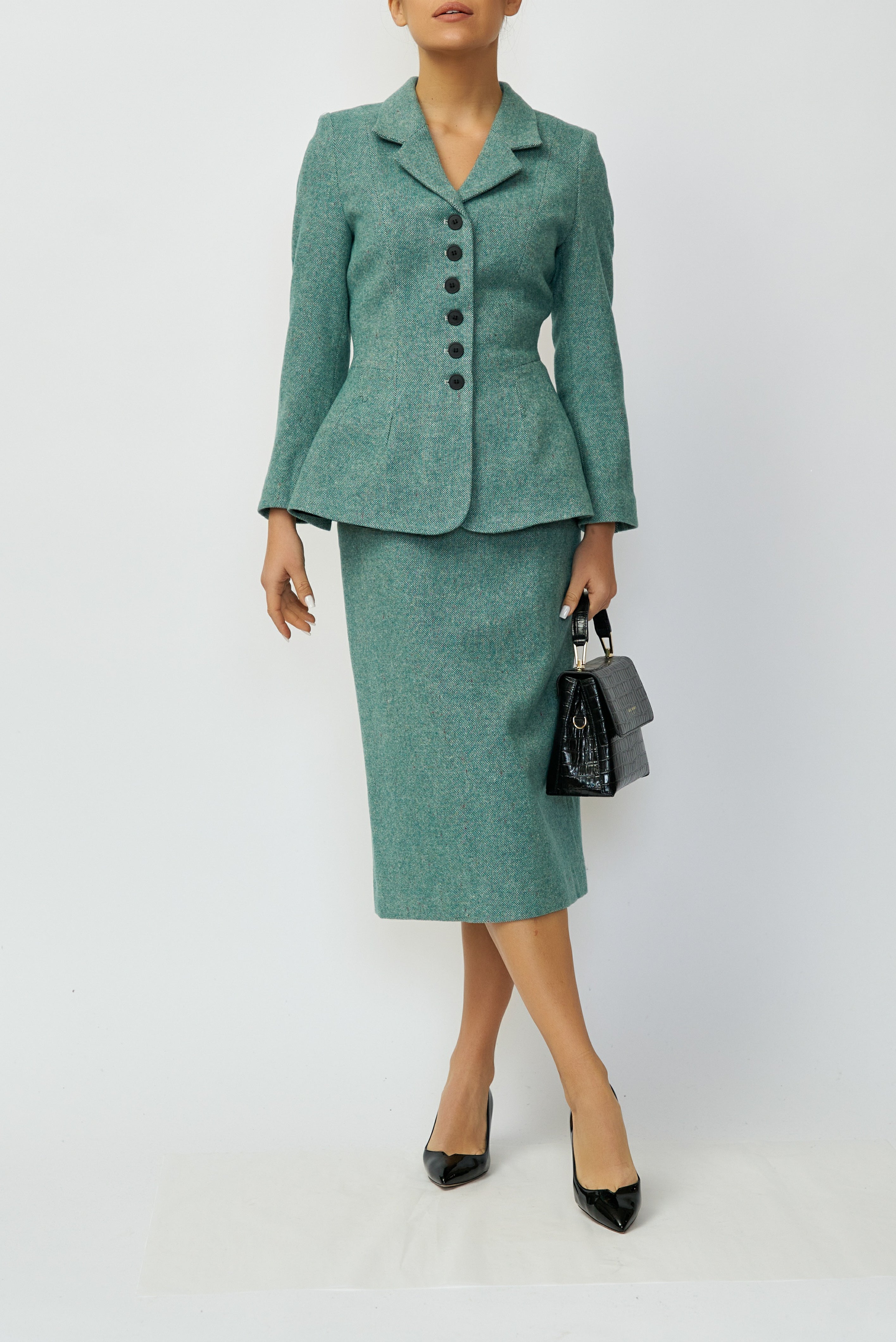 Wool Midi Pencil Skirt, Green