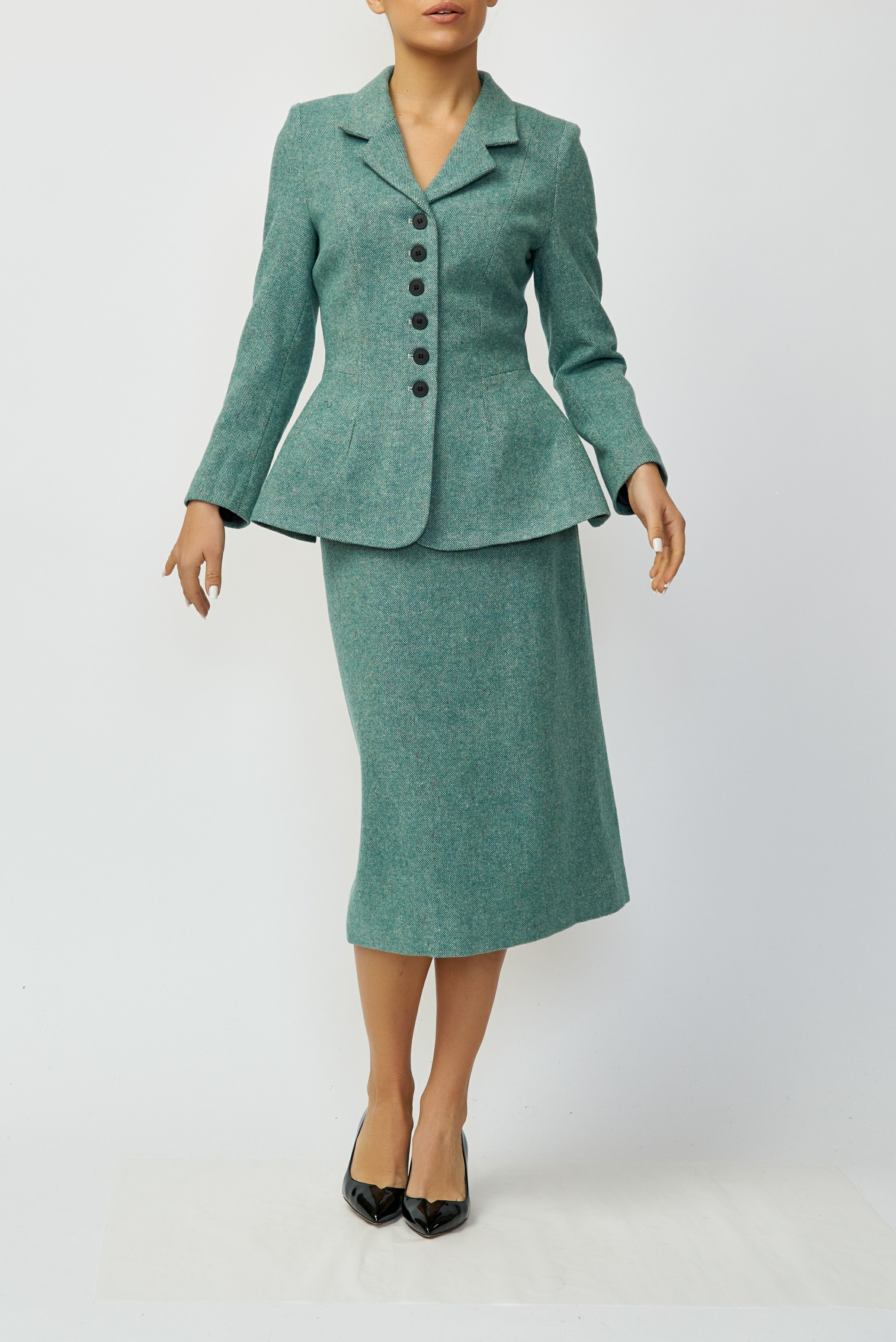 Wool Midi Pencil Skirt, Green