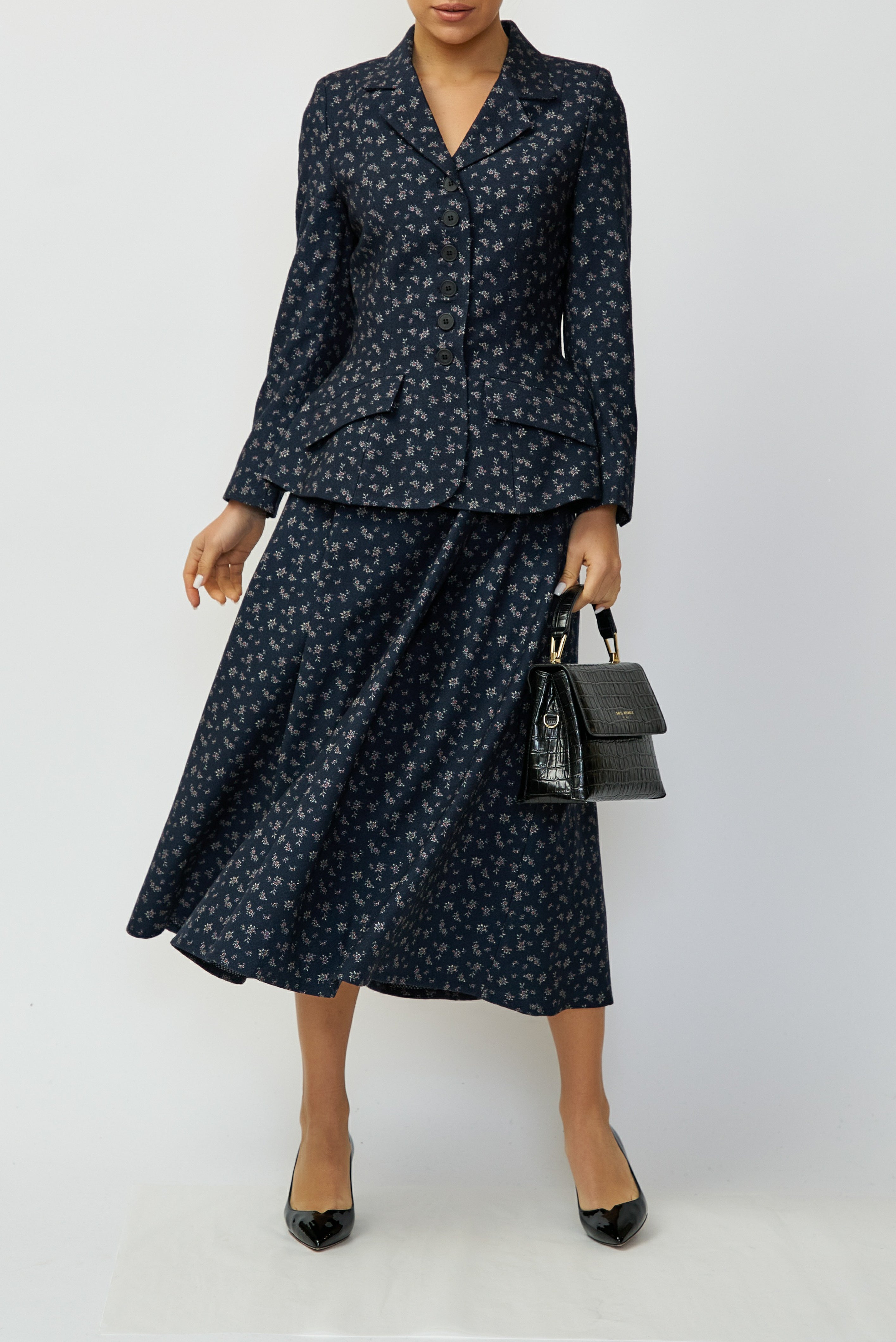 Sacou cu Peplum si Imprimeu din Lana, Bleumarin