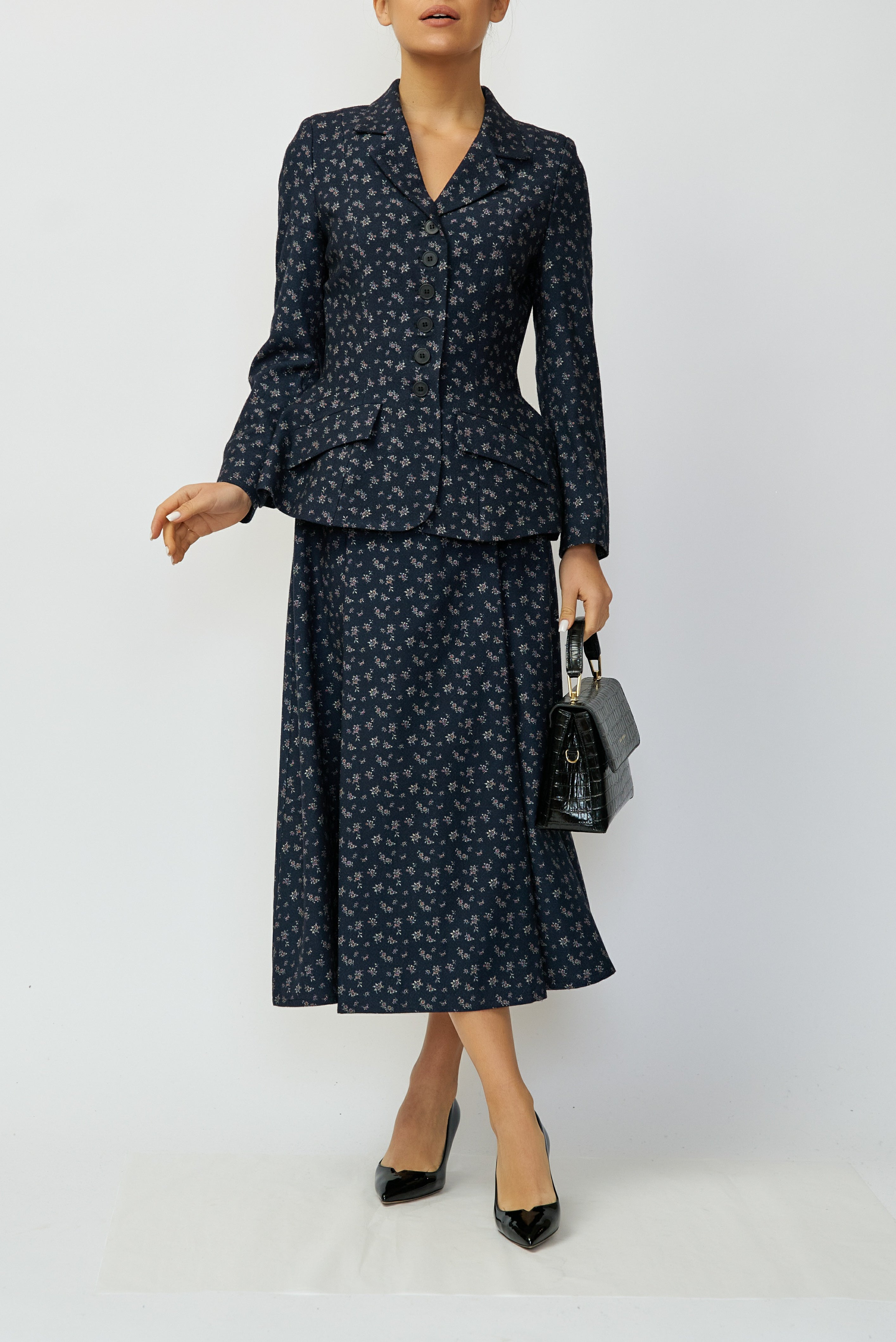 Fusta Midi Larga cu Pliuri din Lana, Bleumarin