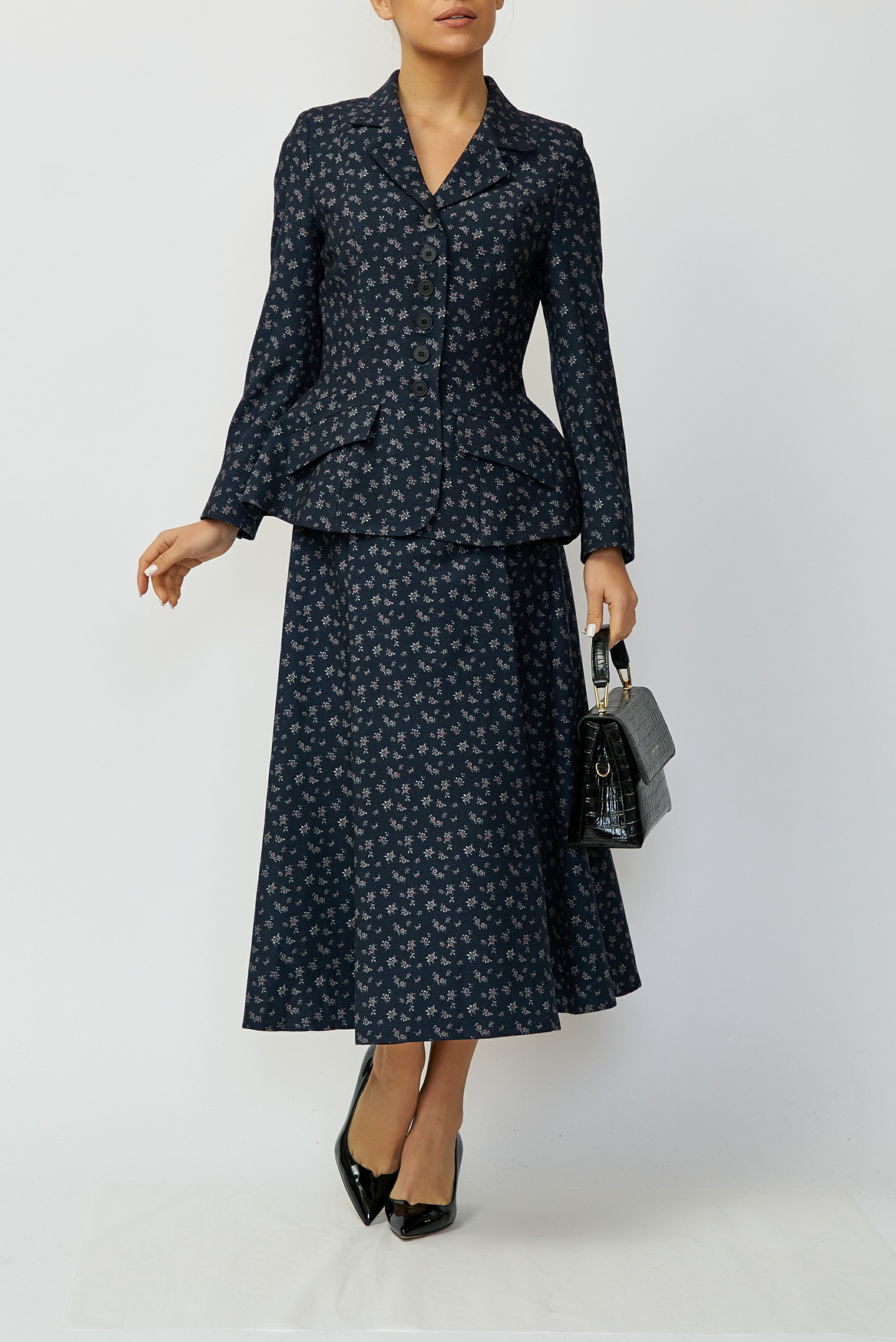 Sacou cu Peplum si Imprimeu din Lana, Bleumarin