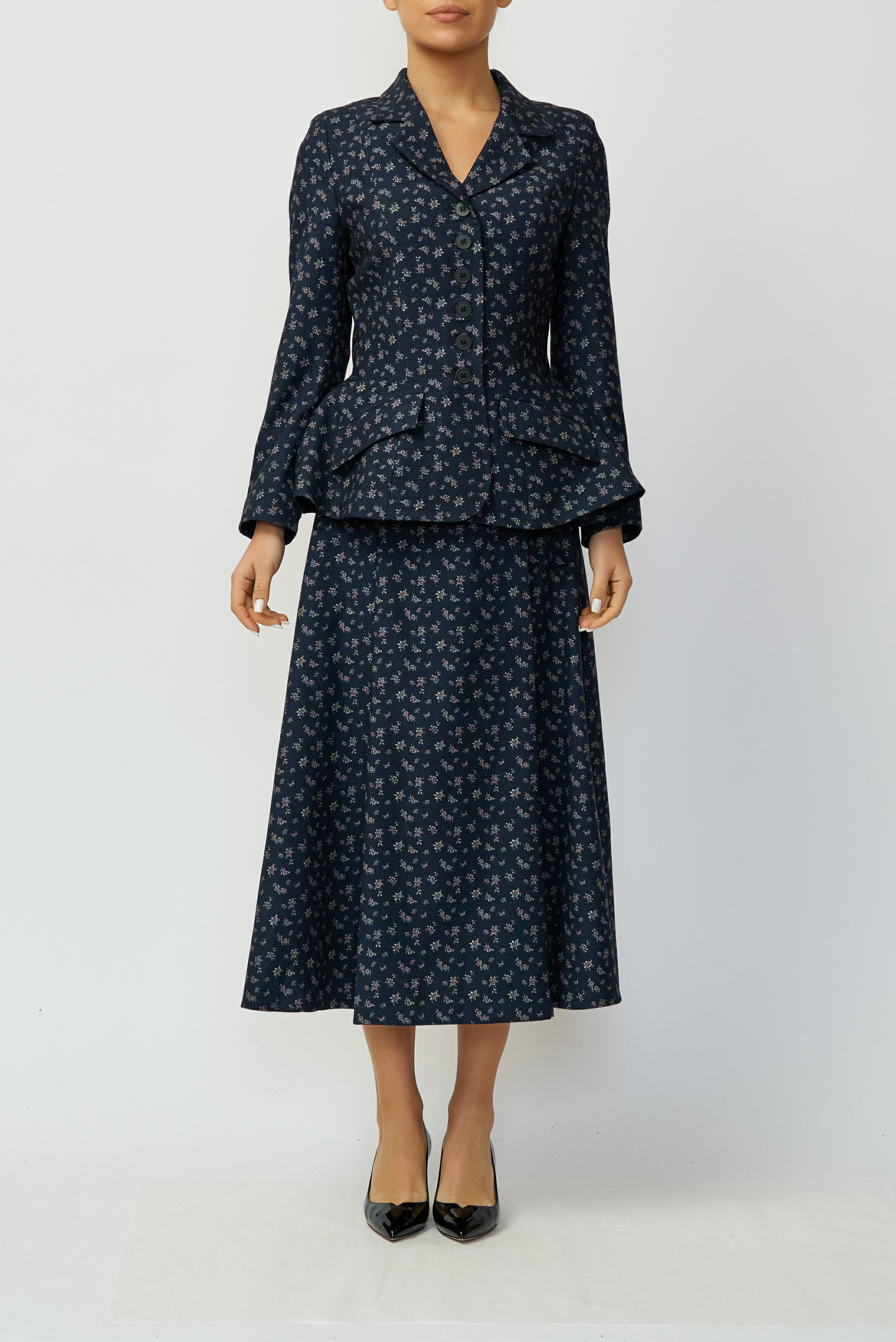 Fusta Midi Larga cu Pliuri din Lana, Bleumarin