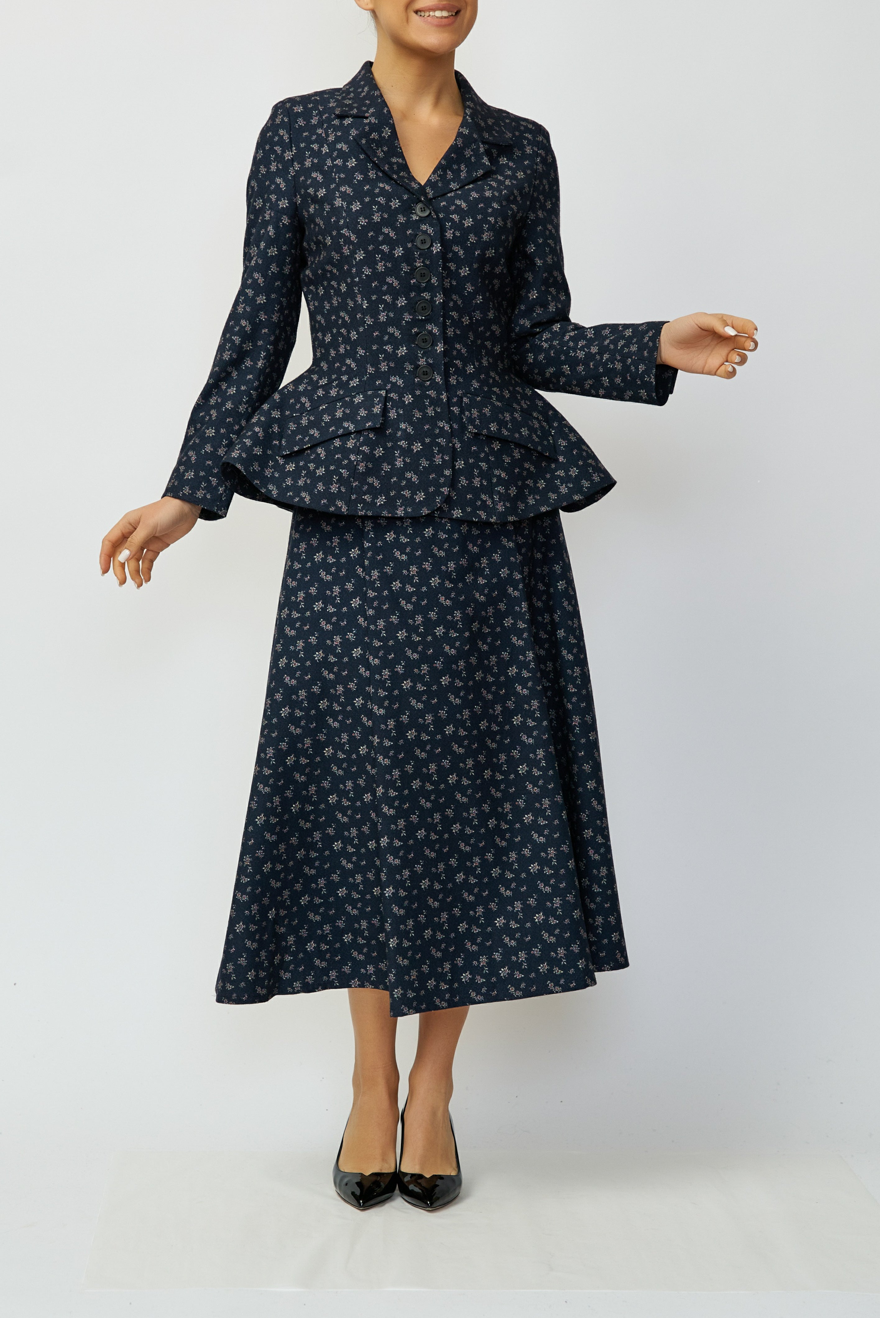 Sacou cu Peplum si Imprimeu din Lana, Bleumarin