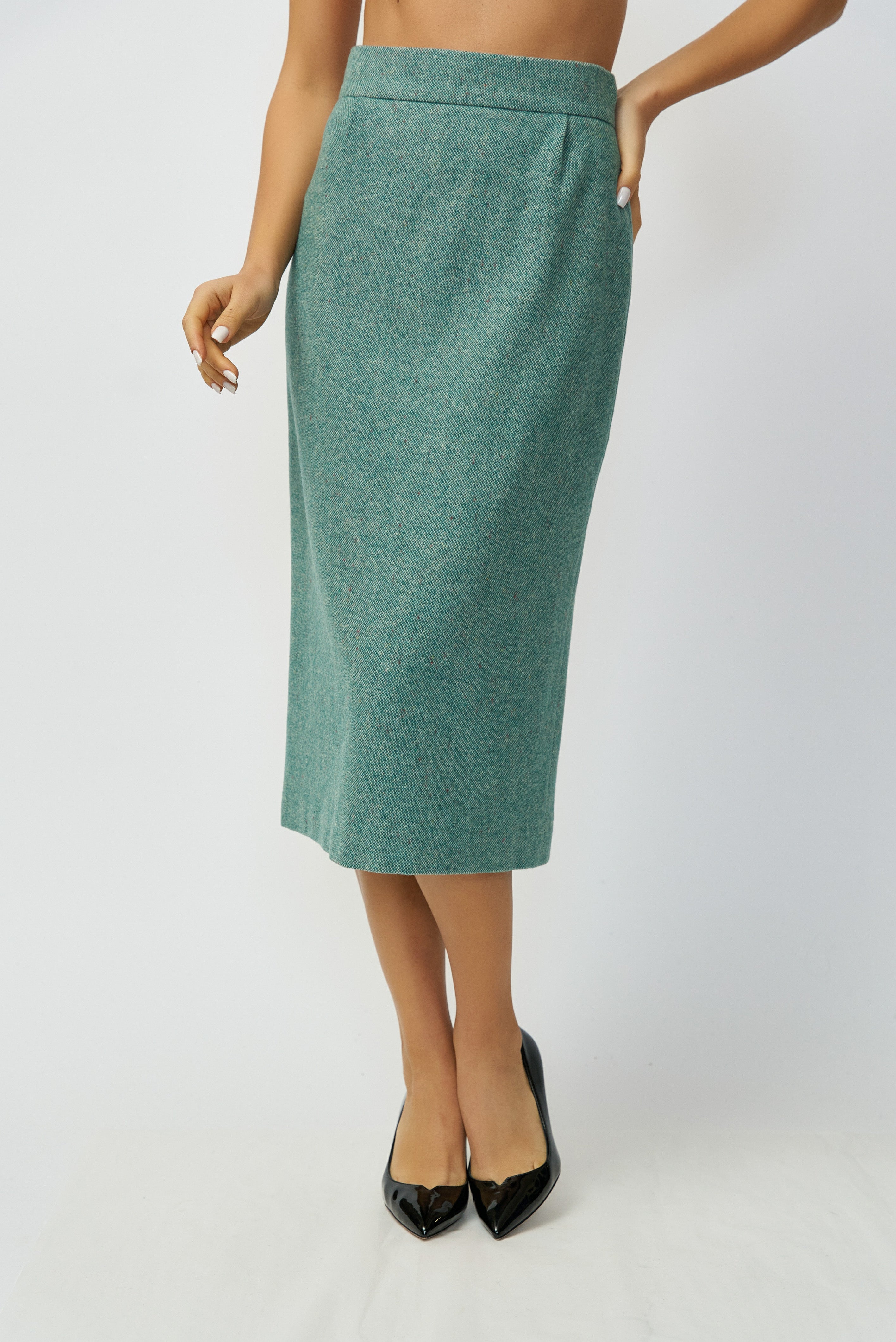 Wool Midi Pencil Skirt, Green