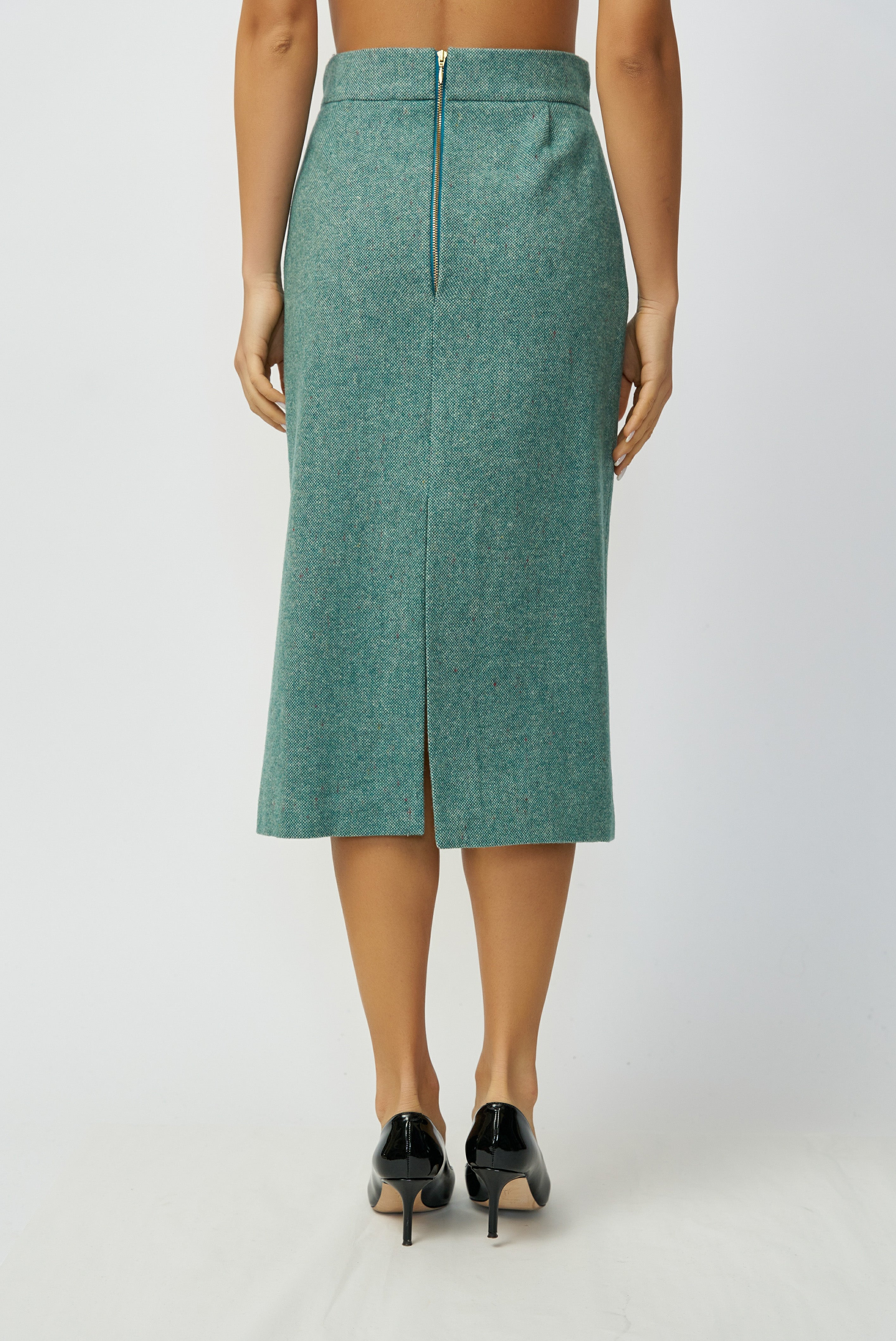 Wool Midi Pencil Skirt, Green