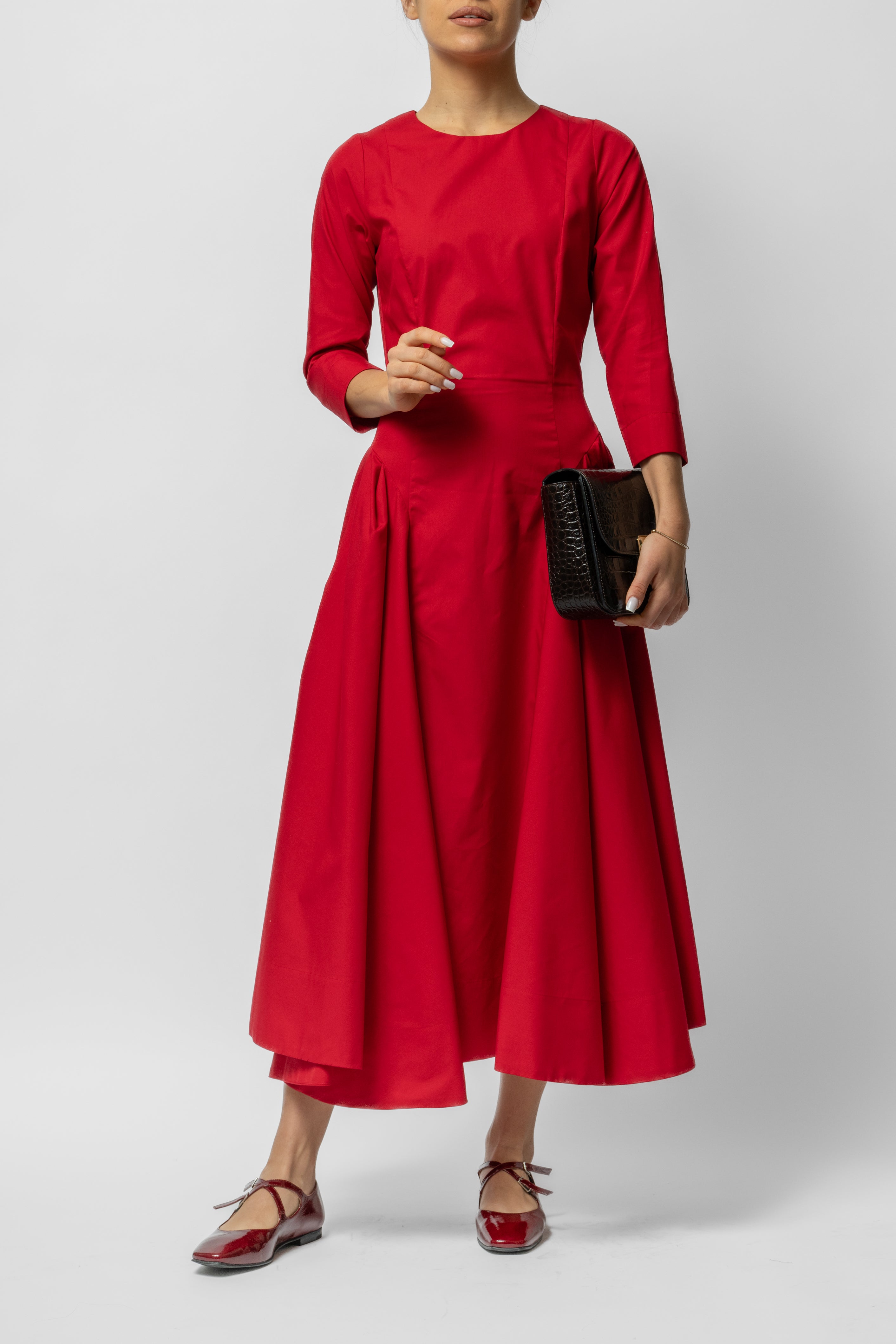 Rochie Midi Clos cu Maneca 3/4 din Bumbac, Rosie Uni