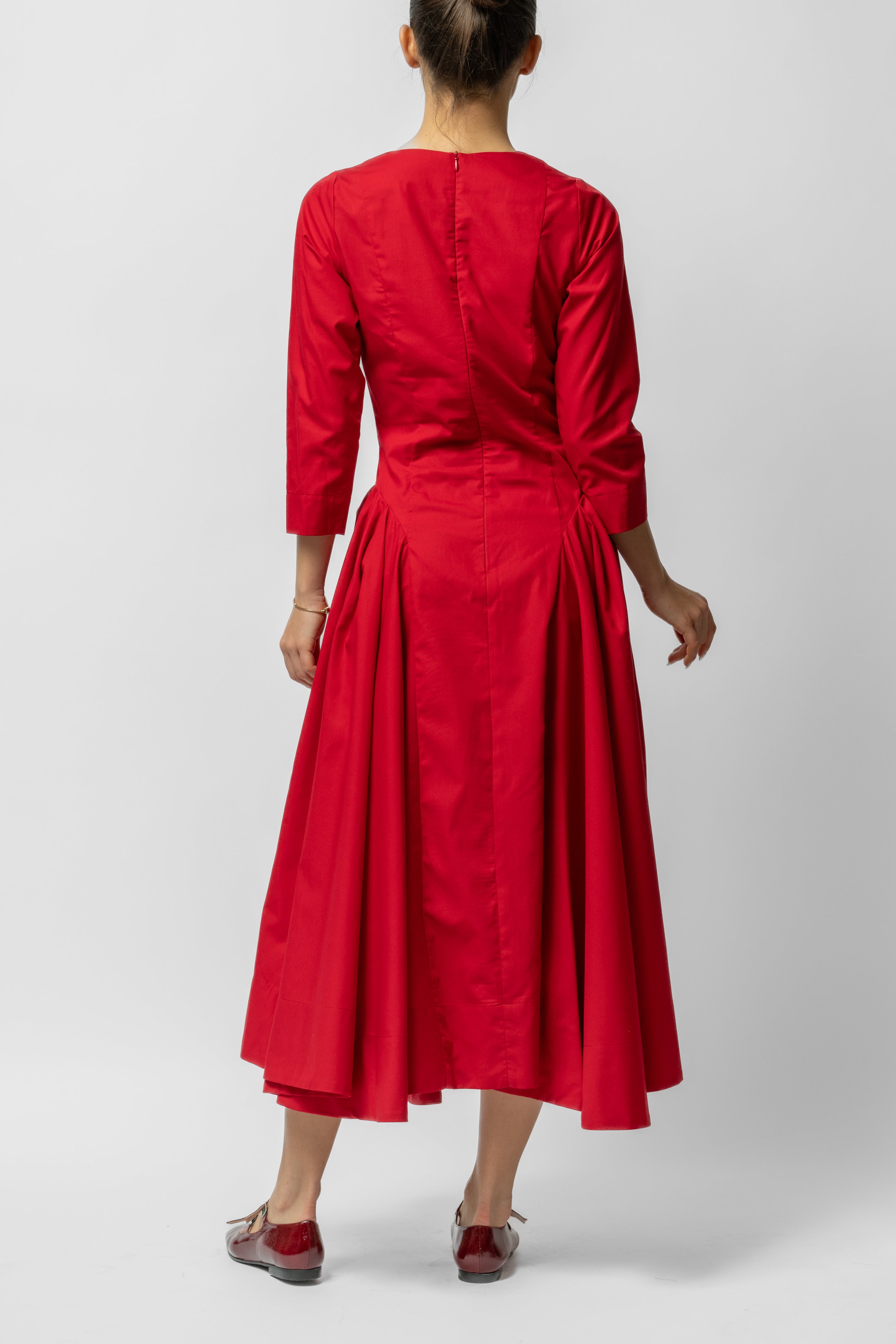 Rochie Midi Clos cu Maneca 3/4 din Bumbac, Rosie Uni