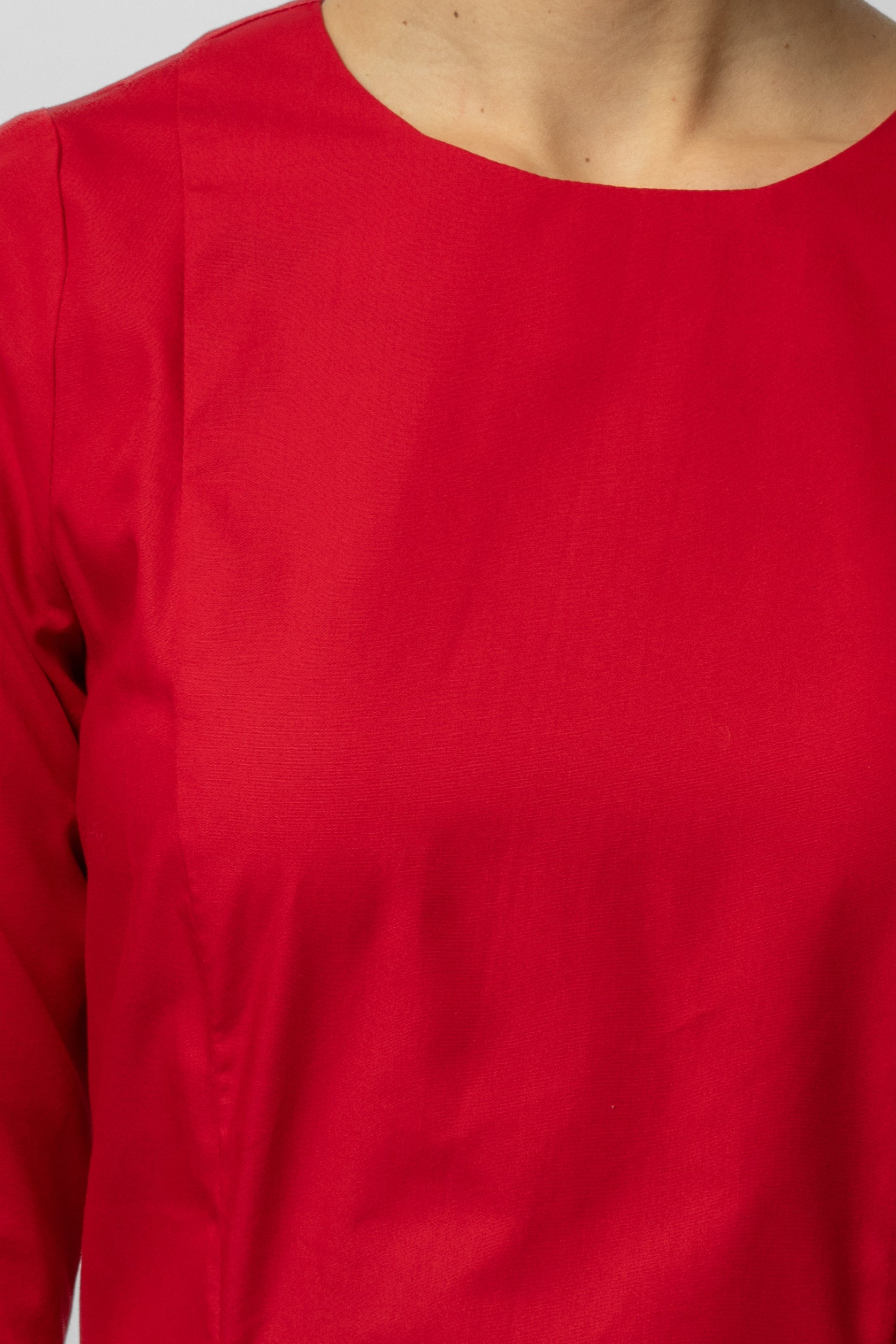 Rochie Midi Clos cu Maneca 3/4 din Bumbac, Rosie Uni