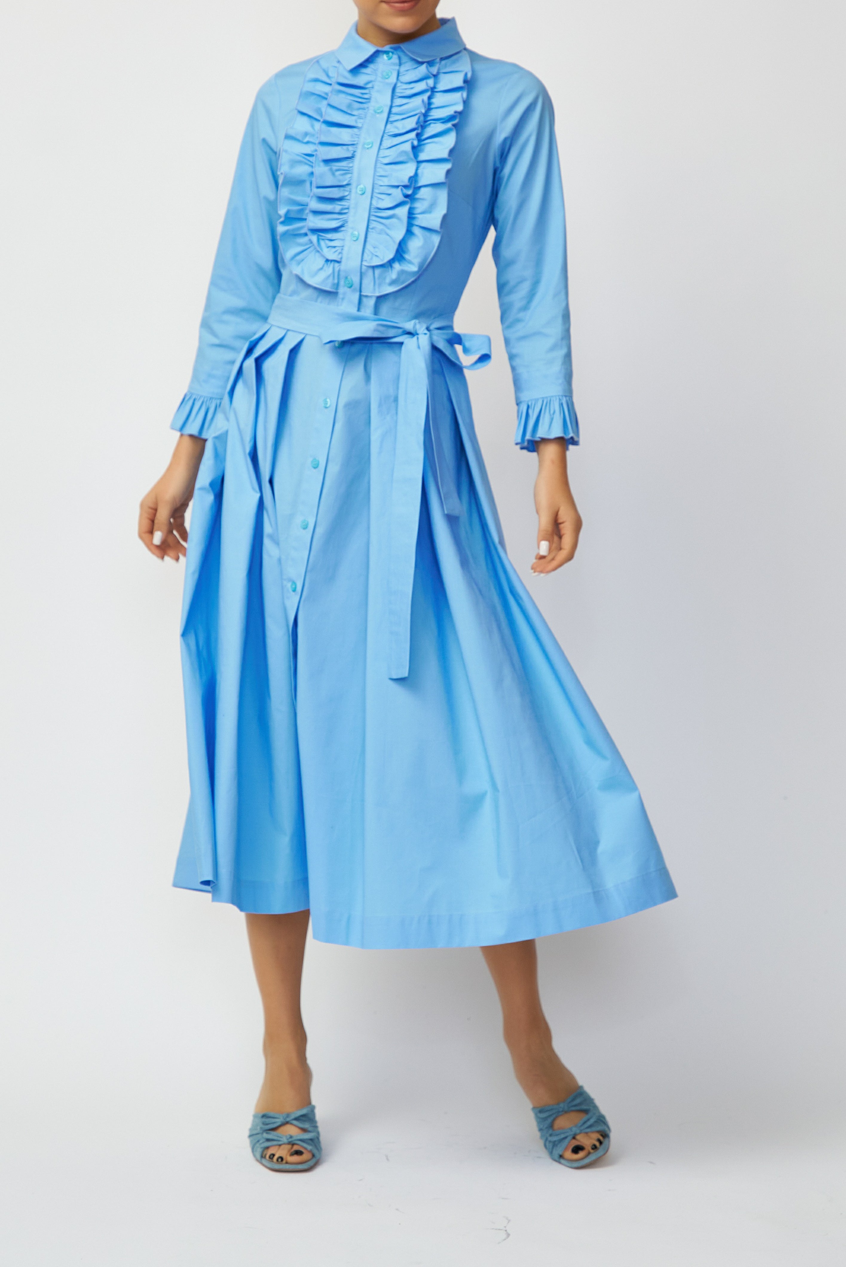 Rochie Camasa Midi din Poplin, Albastru Deschis