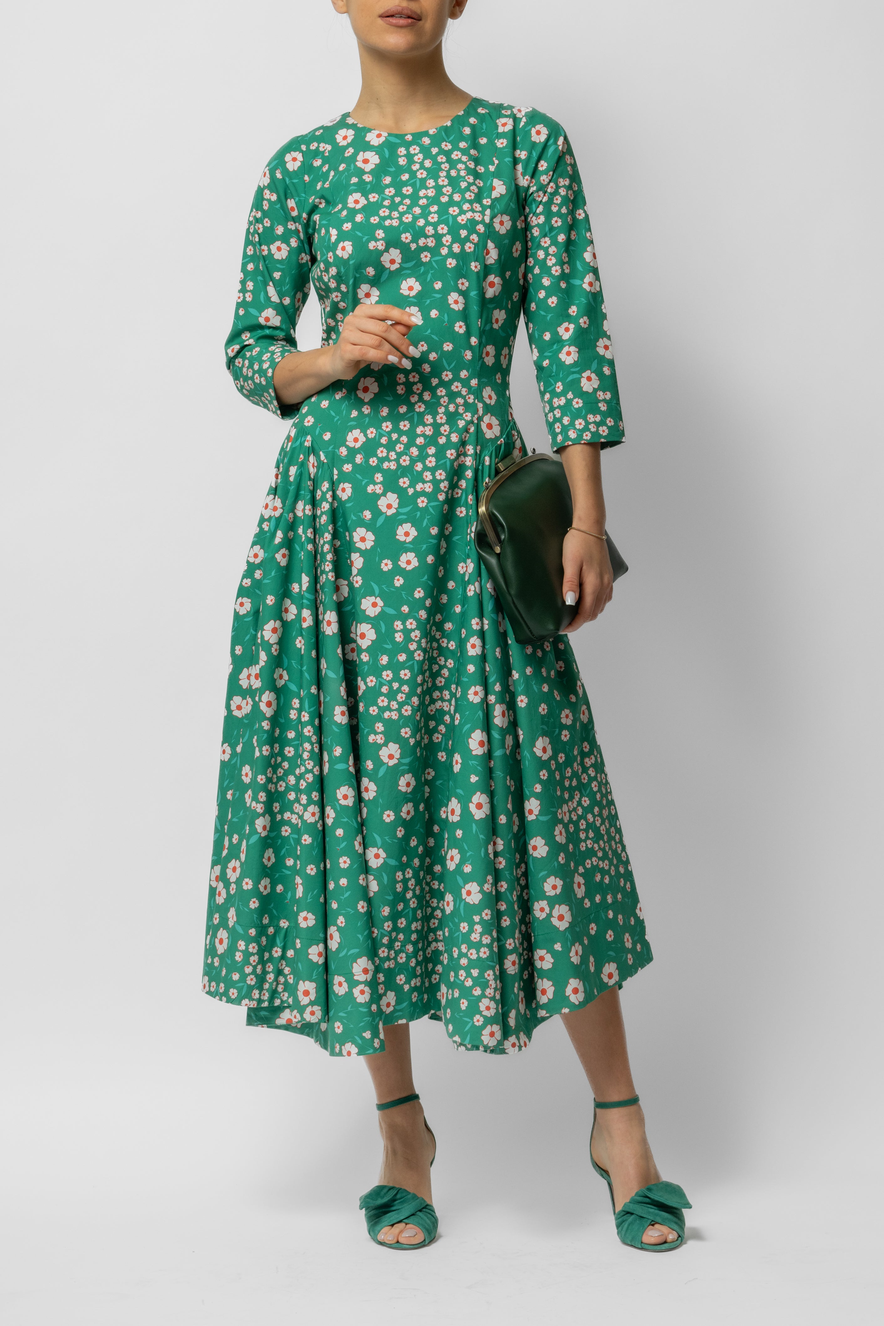 Midi Clos Dress with 3/4 Sleeves and Cotton Print, Green