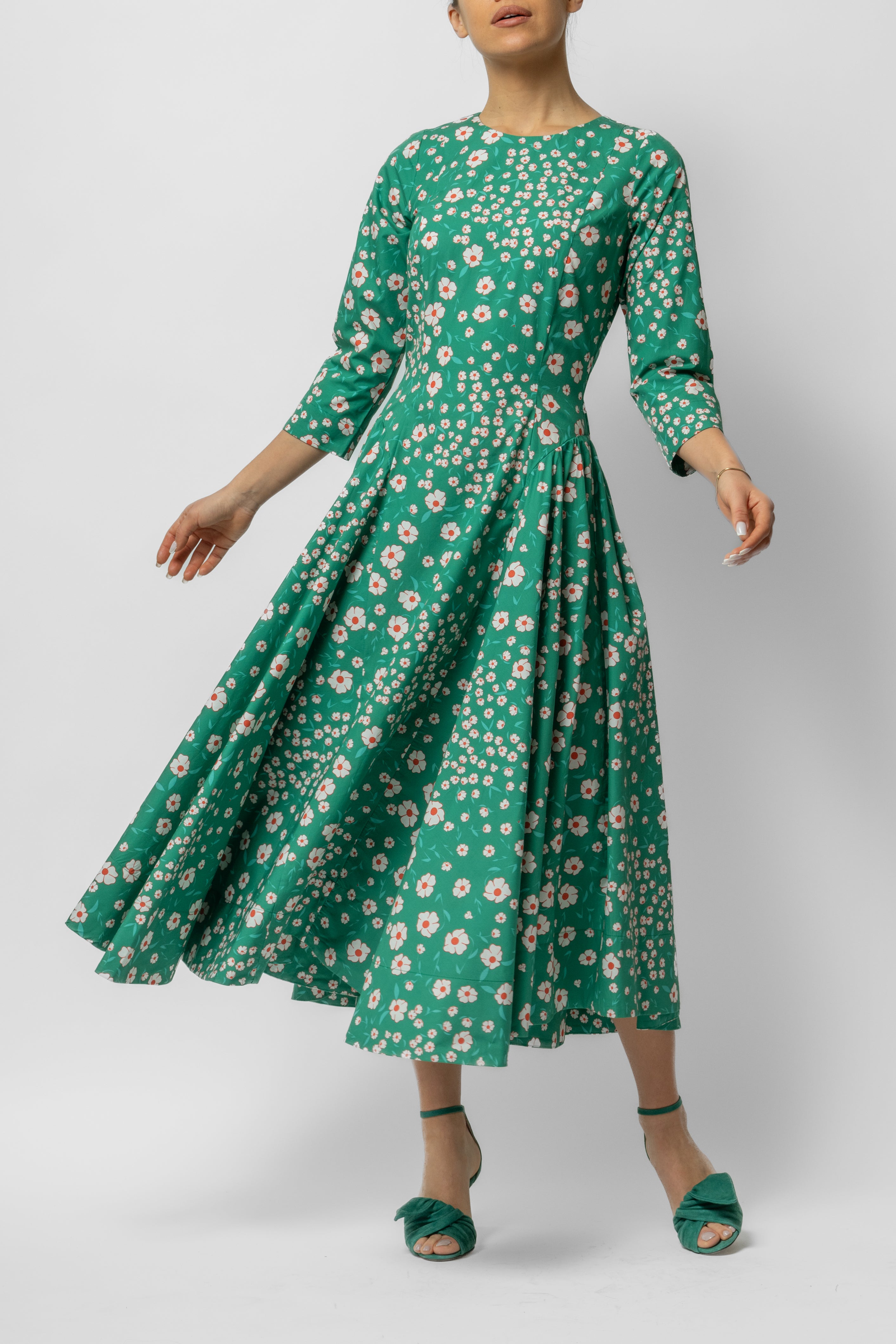 Midi Clos Dress with 3/4 Sleeves and Cotton Print, Green