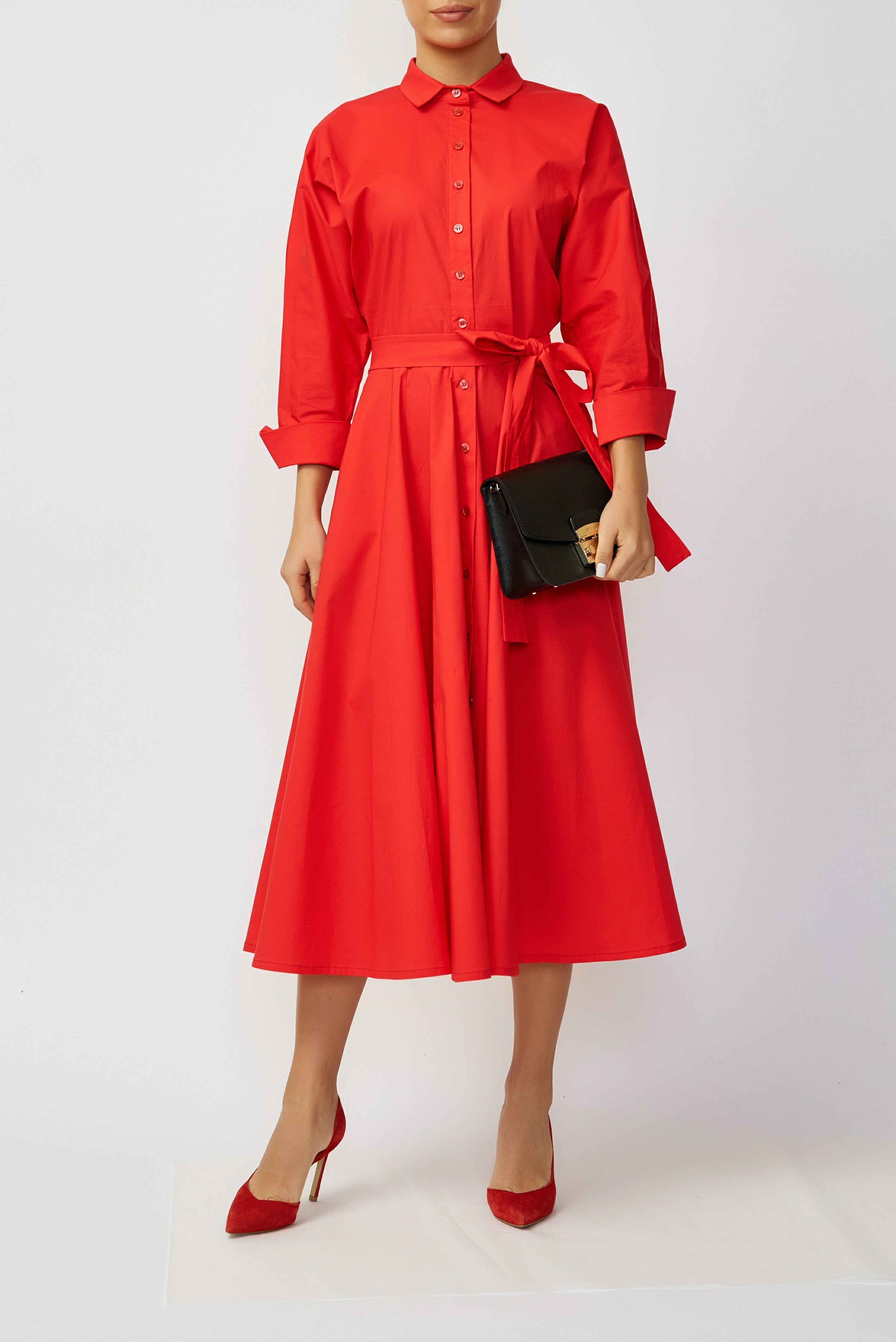 Poplin Midi Shirt Dress, Red