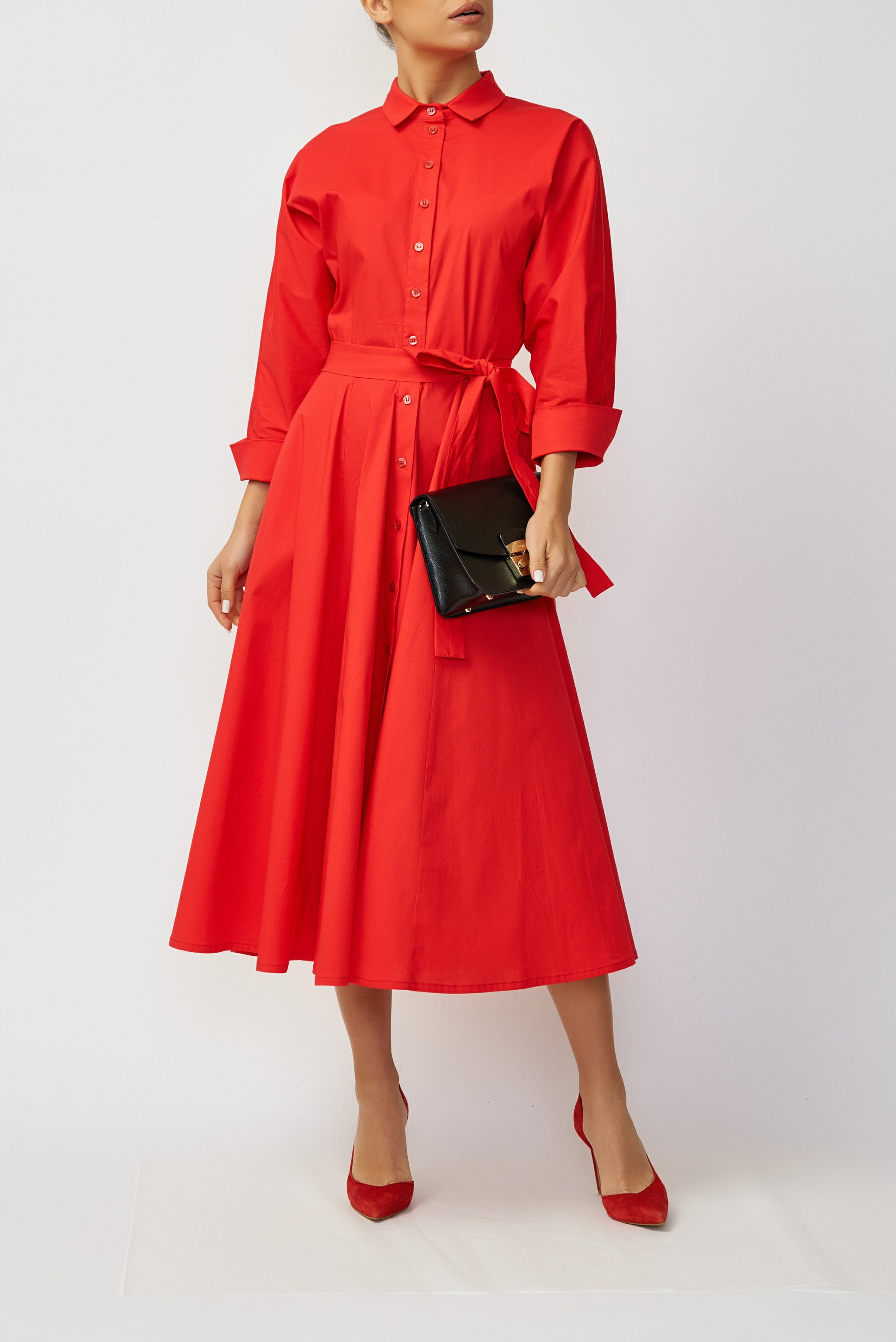 Poplin Midi Shirt Dress, Red