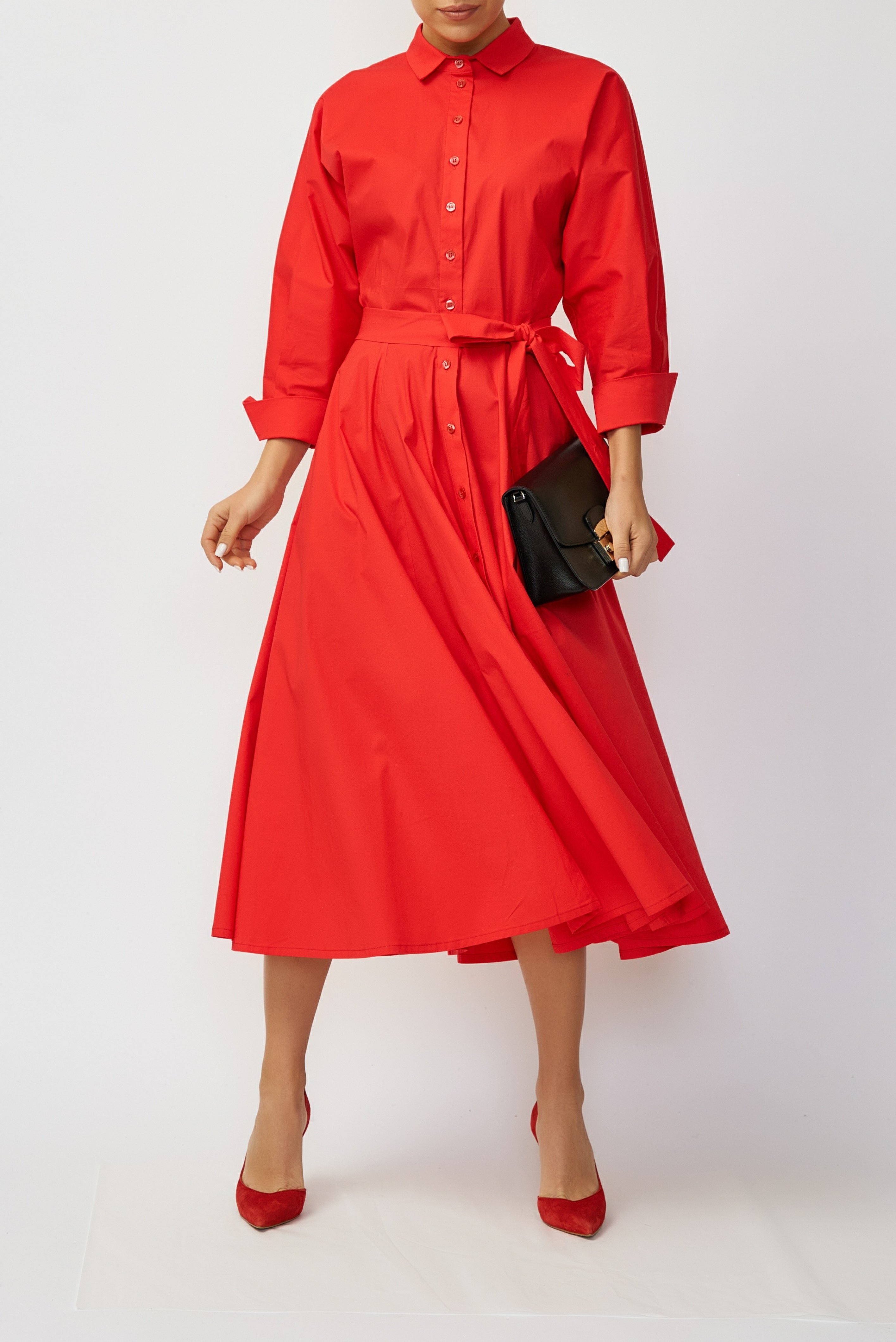 Poplin Midi Shirt Dress, Red