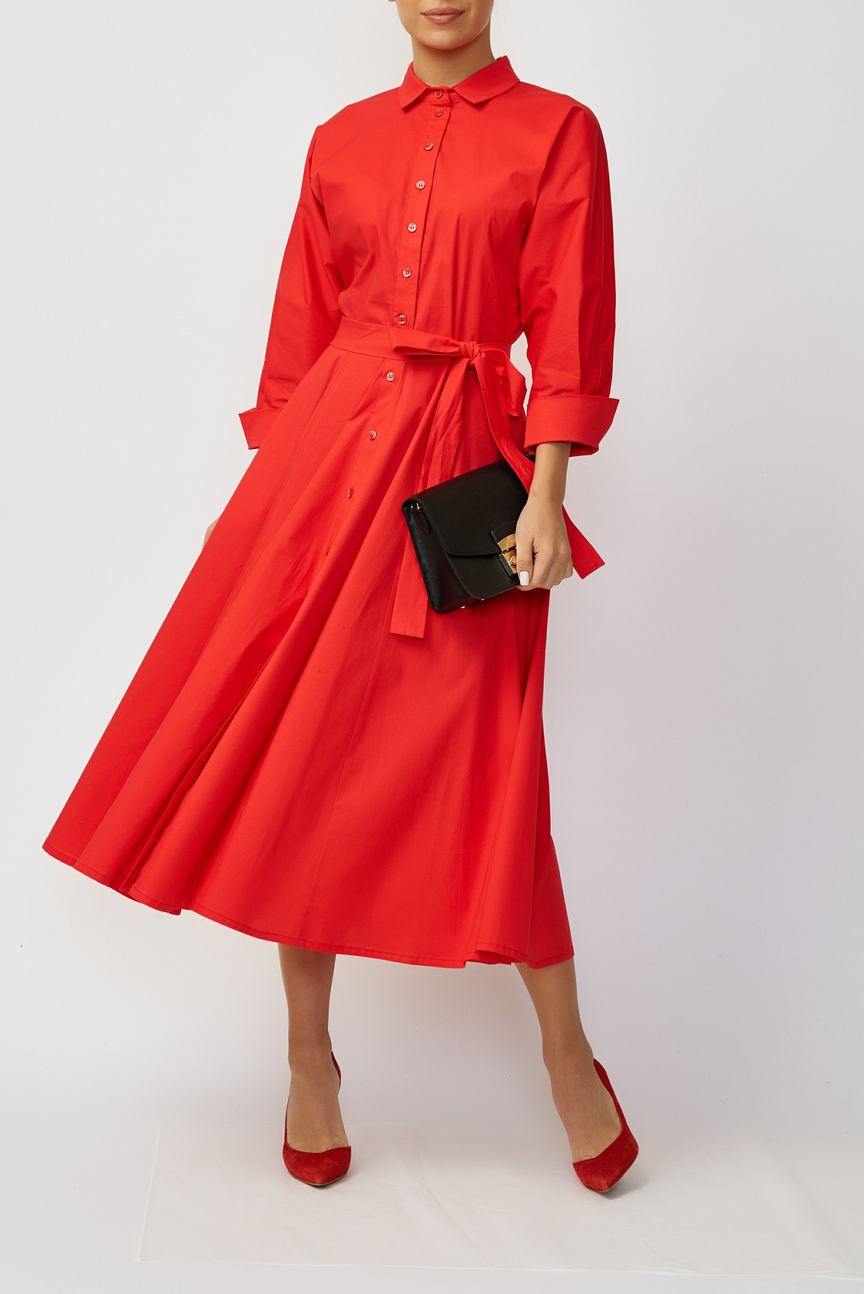 Poplin Midi Shirt Dress, Red