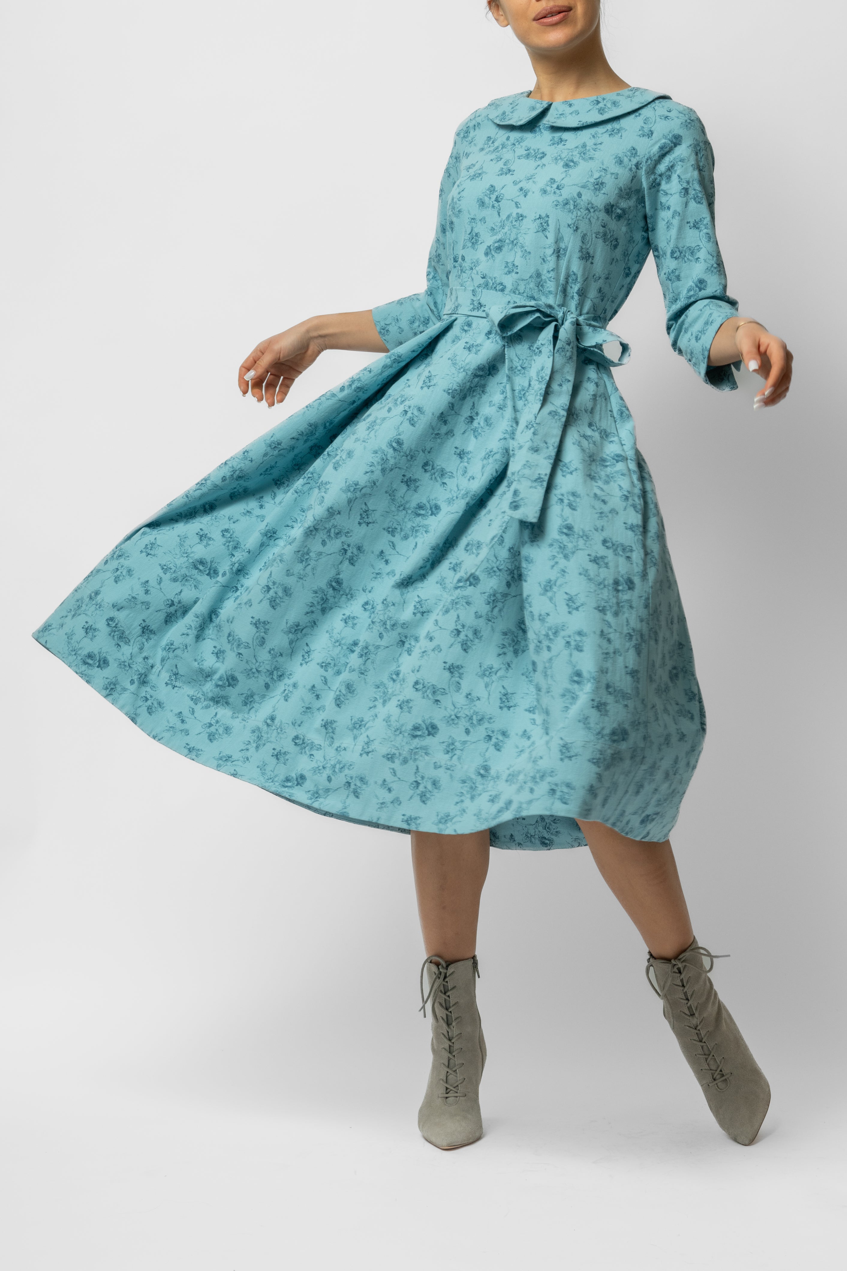 Rochie Midi cu Maneca 3/4 si Imprimeu din Bumbac, Bleu Deschis