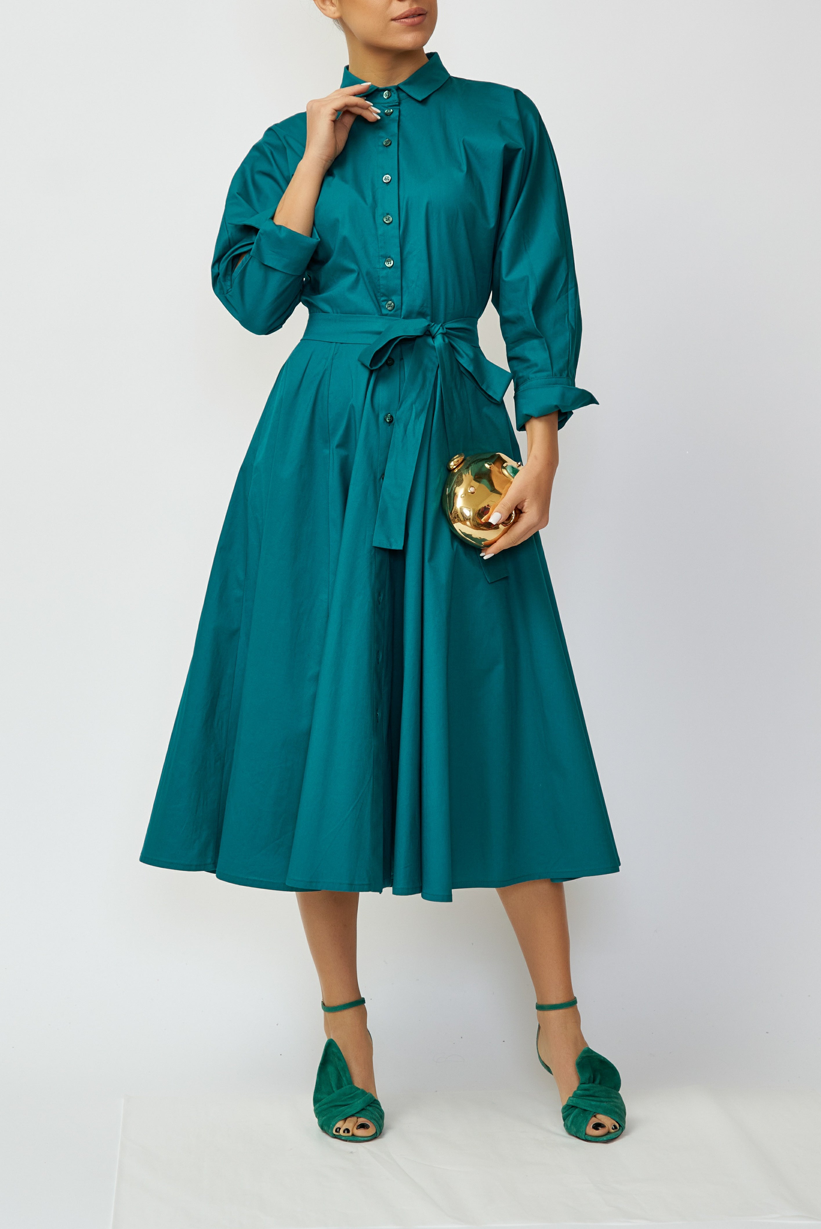 Rochie Camasa Midi din Poplin, Verde