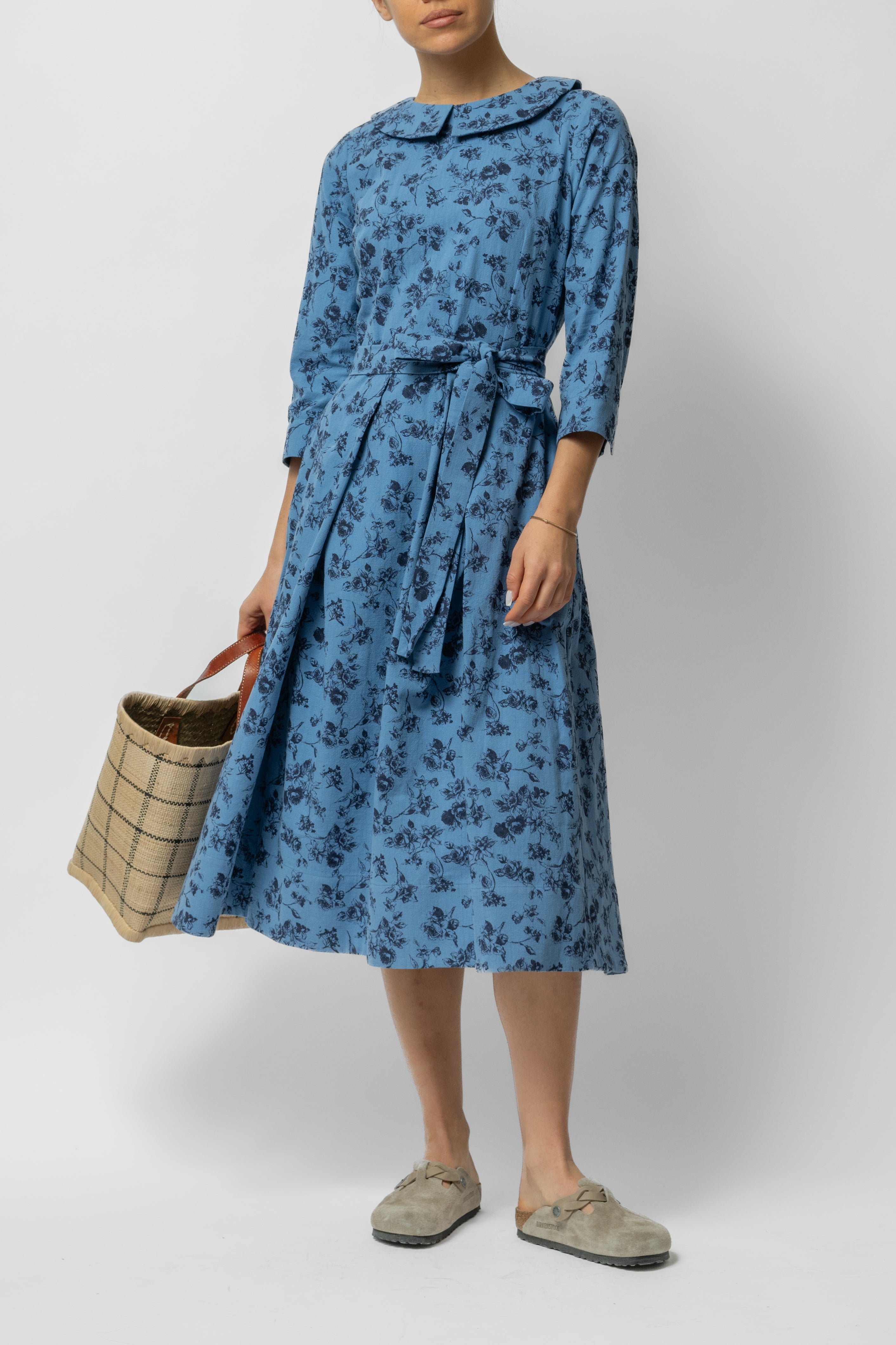 Rochie Midi cu Maneca 3/4 si Imprimeu din Bumbac, Bleu Inchis