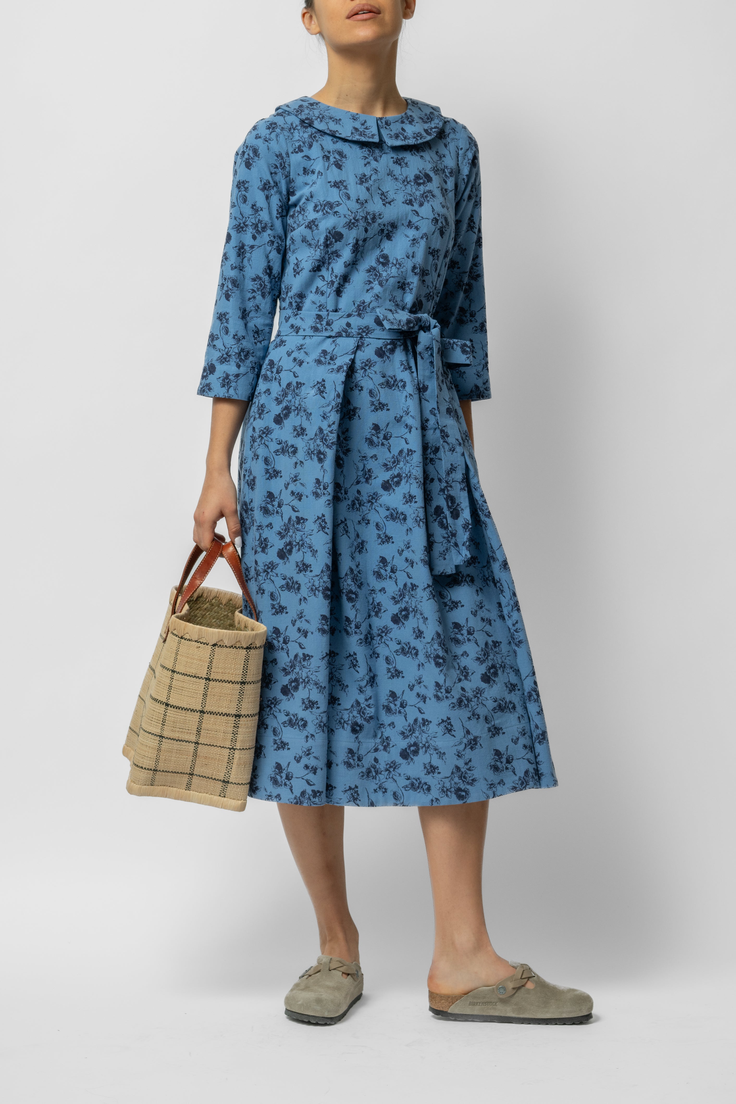 Rochie Midi cu Maneca 3/4 si Imprimeu din Bumbac, Bleu Inchis