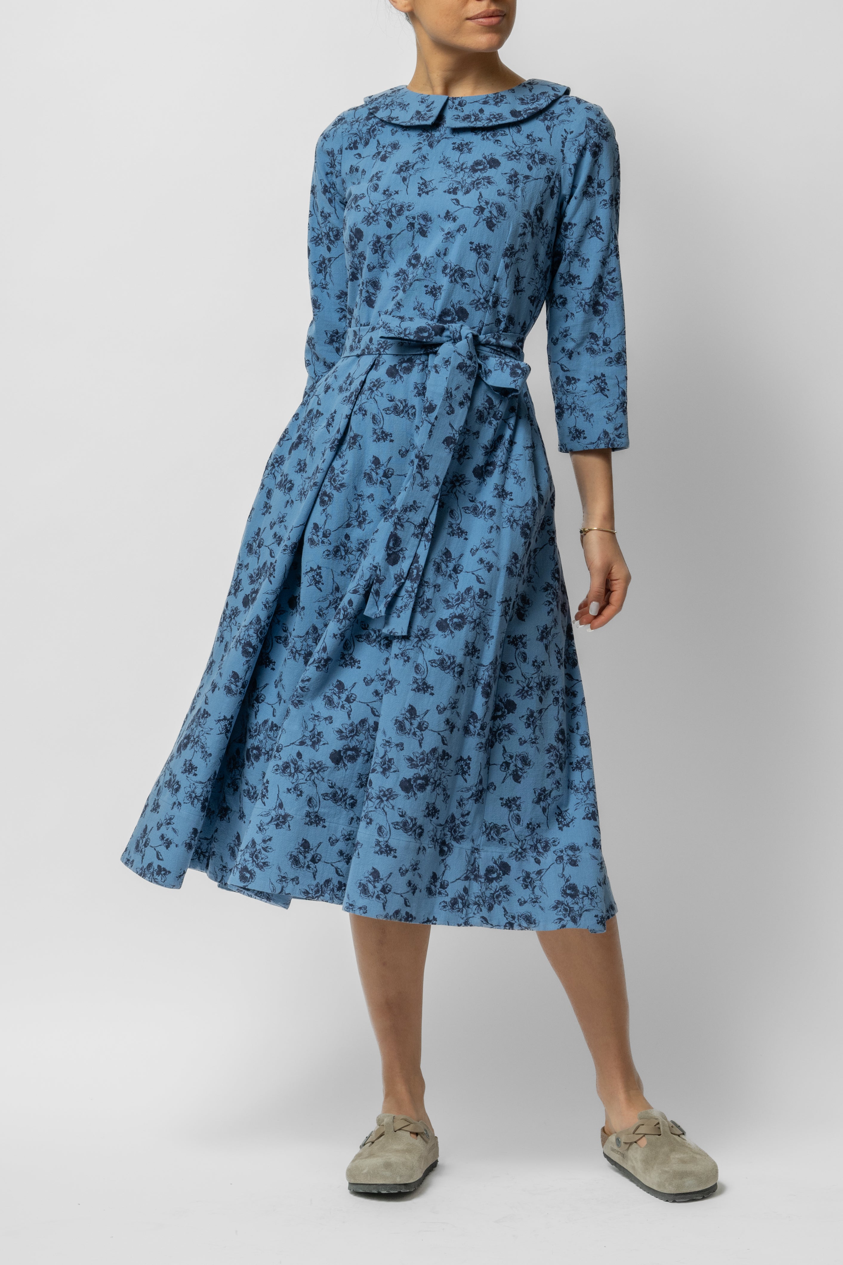 Rochie Midi cu Maneca 3/4 si Imprimeu din Bumbac, Bleu Inchis